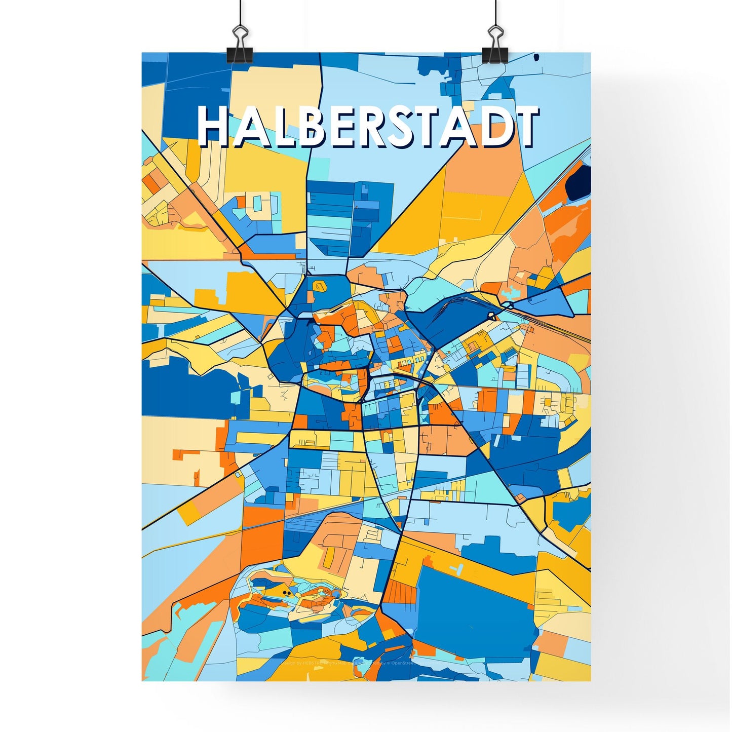 HALBERSTADT GERMANY Vibrant Colorful Art Map Poster Blue Orange