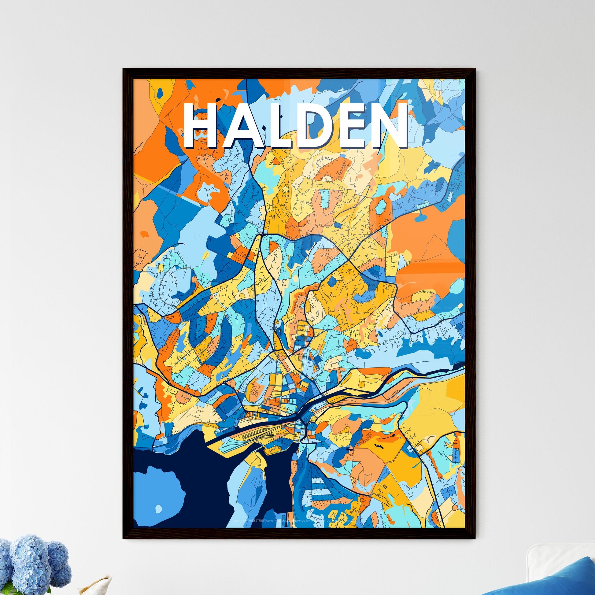 HALDEN NORWAY Vibrant Colorful Art Map Poster Blue Orange