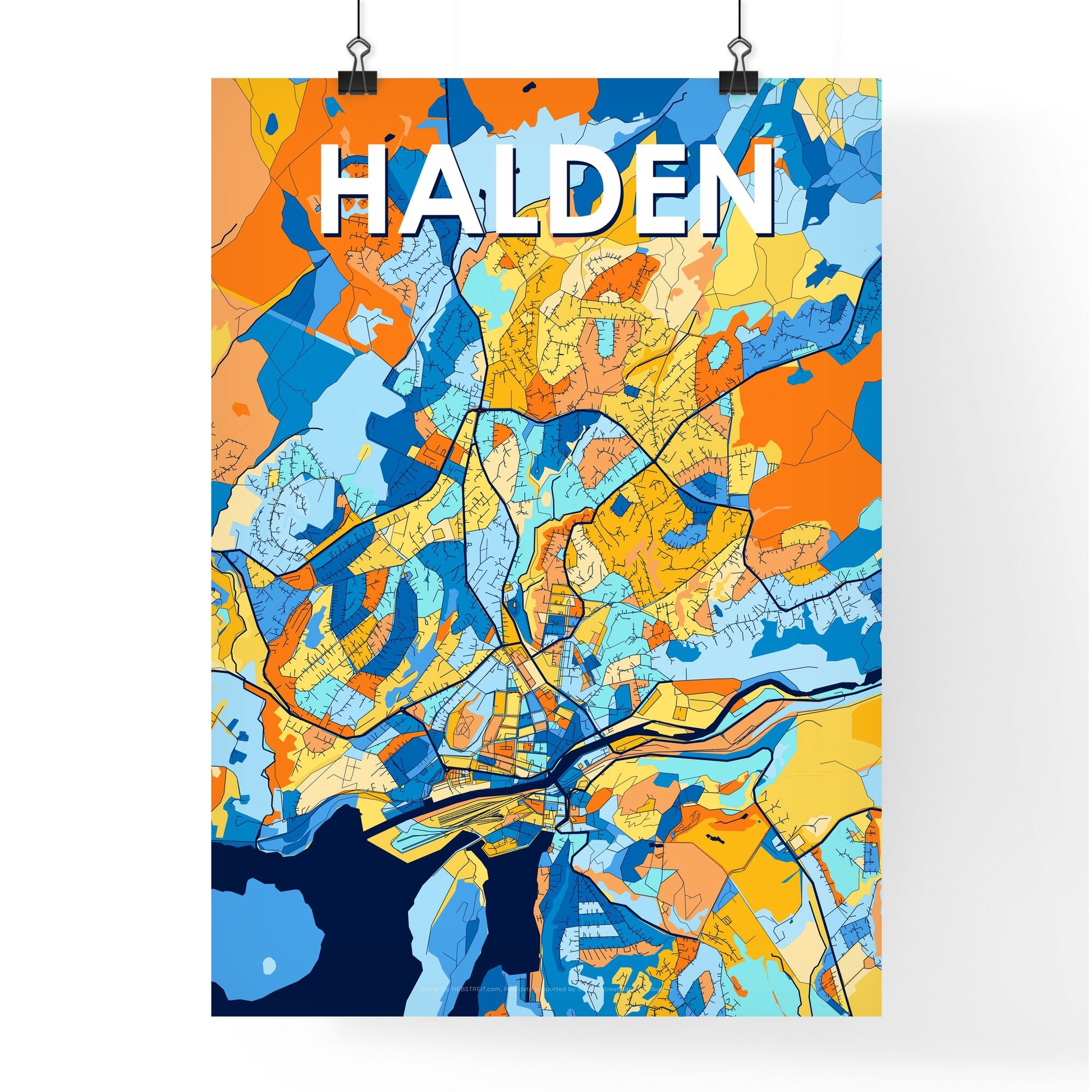 HALDEN NORWAY Vibrant Colorful Art Map Poster Blue Orange