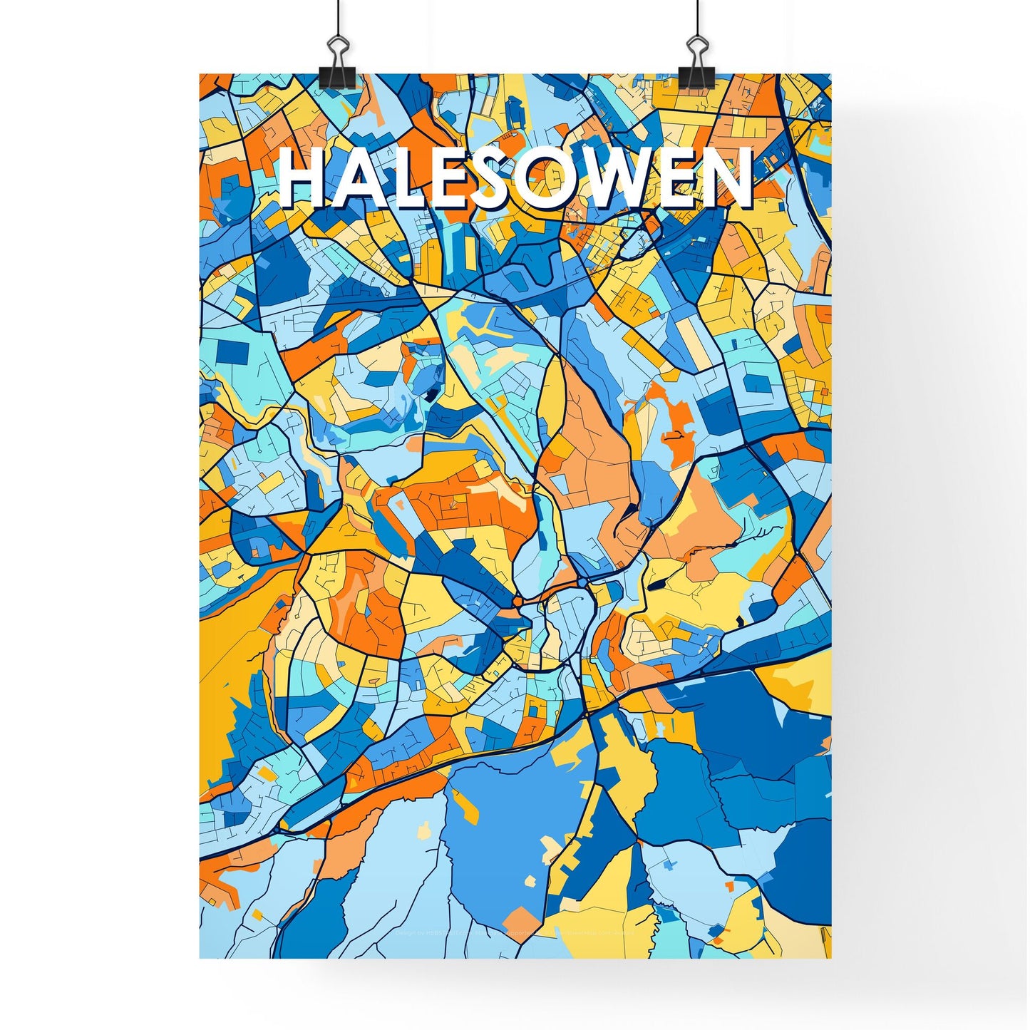 HALESOWEN ENGLAND Vibrant Colorful Art Map Poster Blue Orange