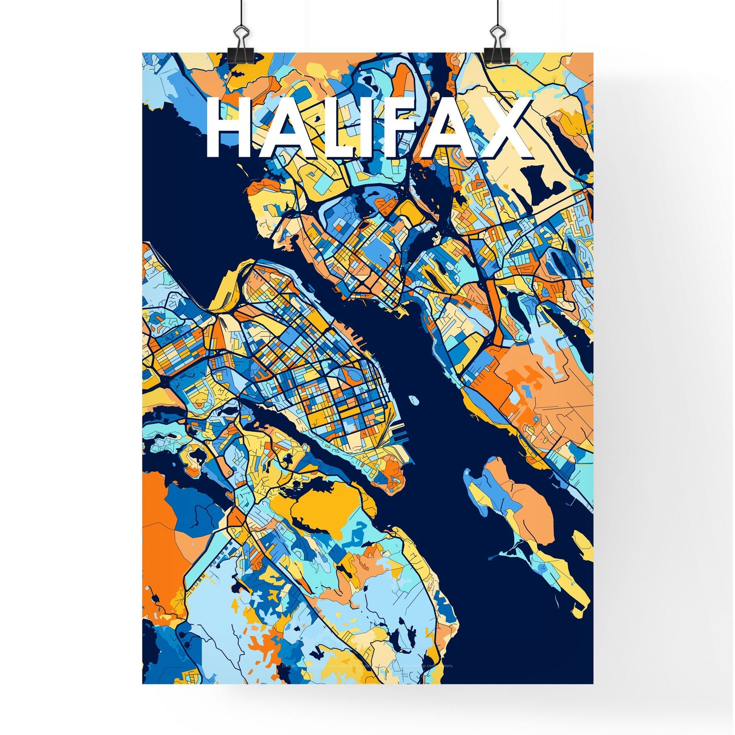 HALIFAX CANADA Vibrant Colorful Art Map Poster Blue Orange