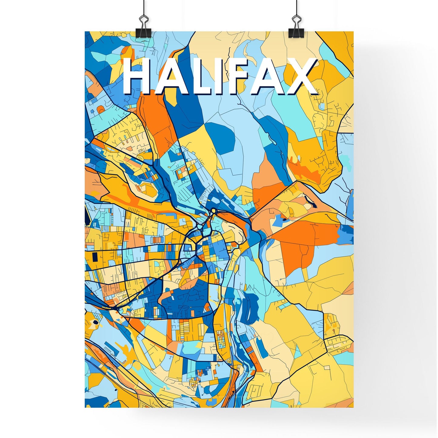 HALIFAX ENGLAND Vibrant Colorful Art Map Poster Blue Orange