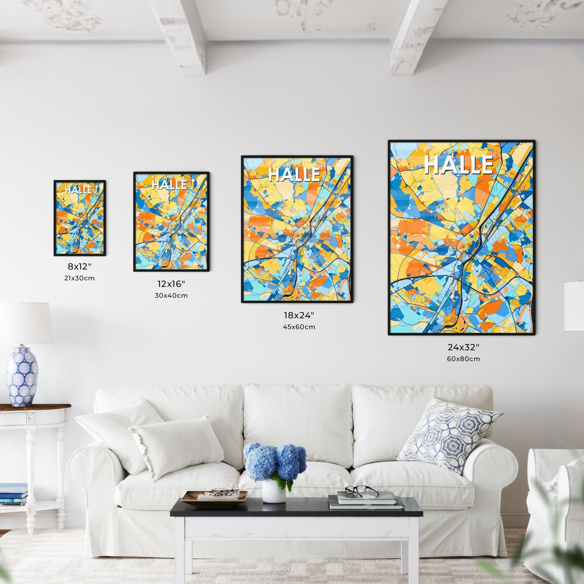 HALLE BELGIUM Vibrant Colorful Art Map Poster Blue Orange