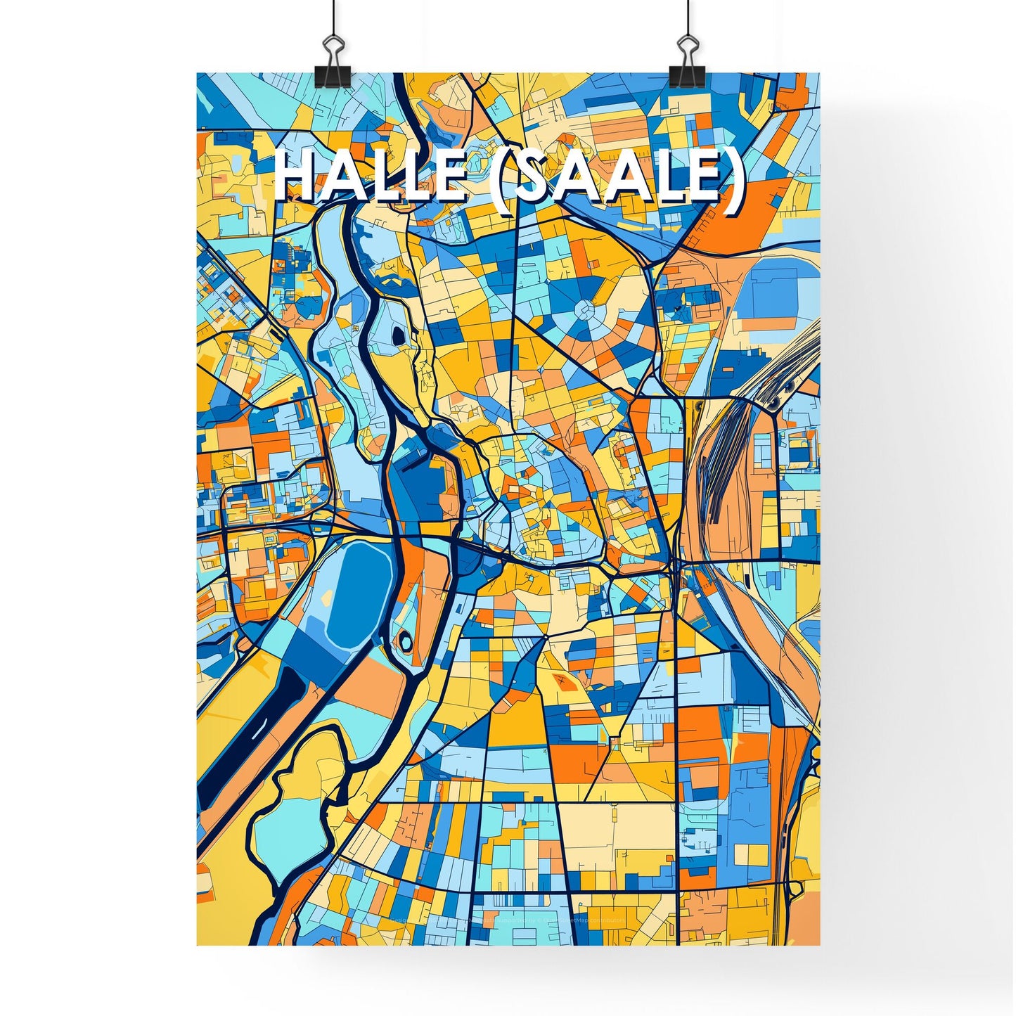 HALLE (SAALE) GERMANY Vibrant Colorful Art Map Poster Blue Orange