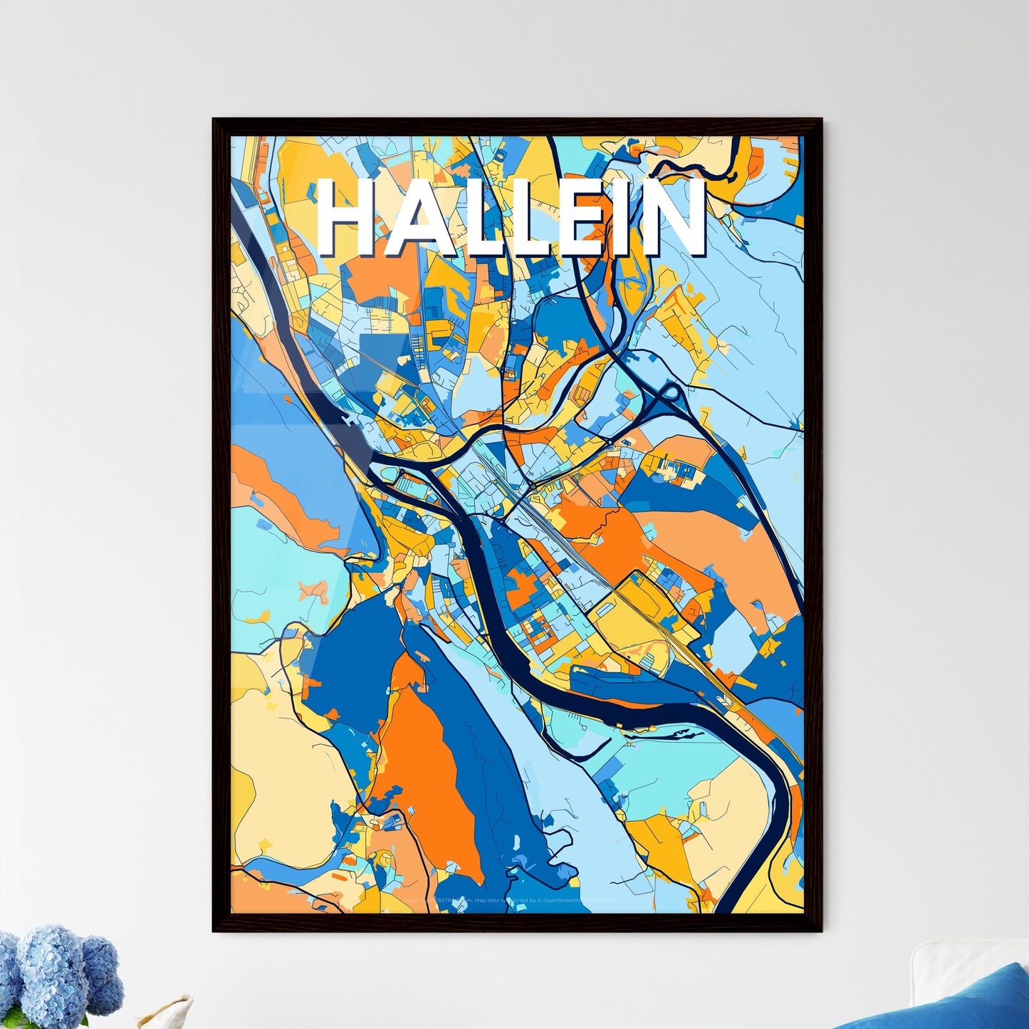 HALLEIN AUSTRIA Vibrant Colorful Art Map Poster Blue Orange