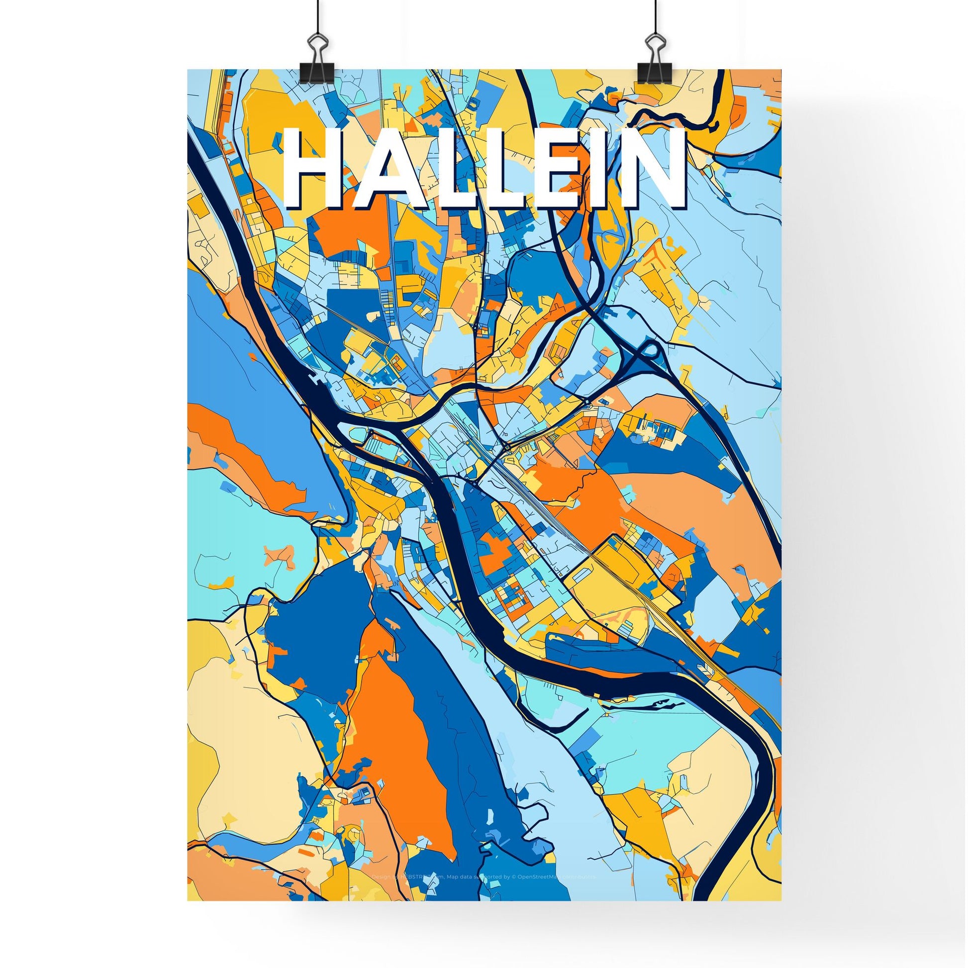 HALLEIN AUSTRIA Vibrant Colorful Art Map Poster Blue Orange