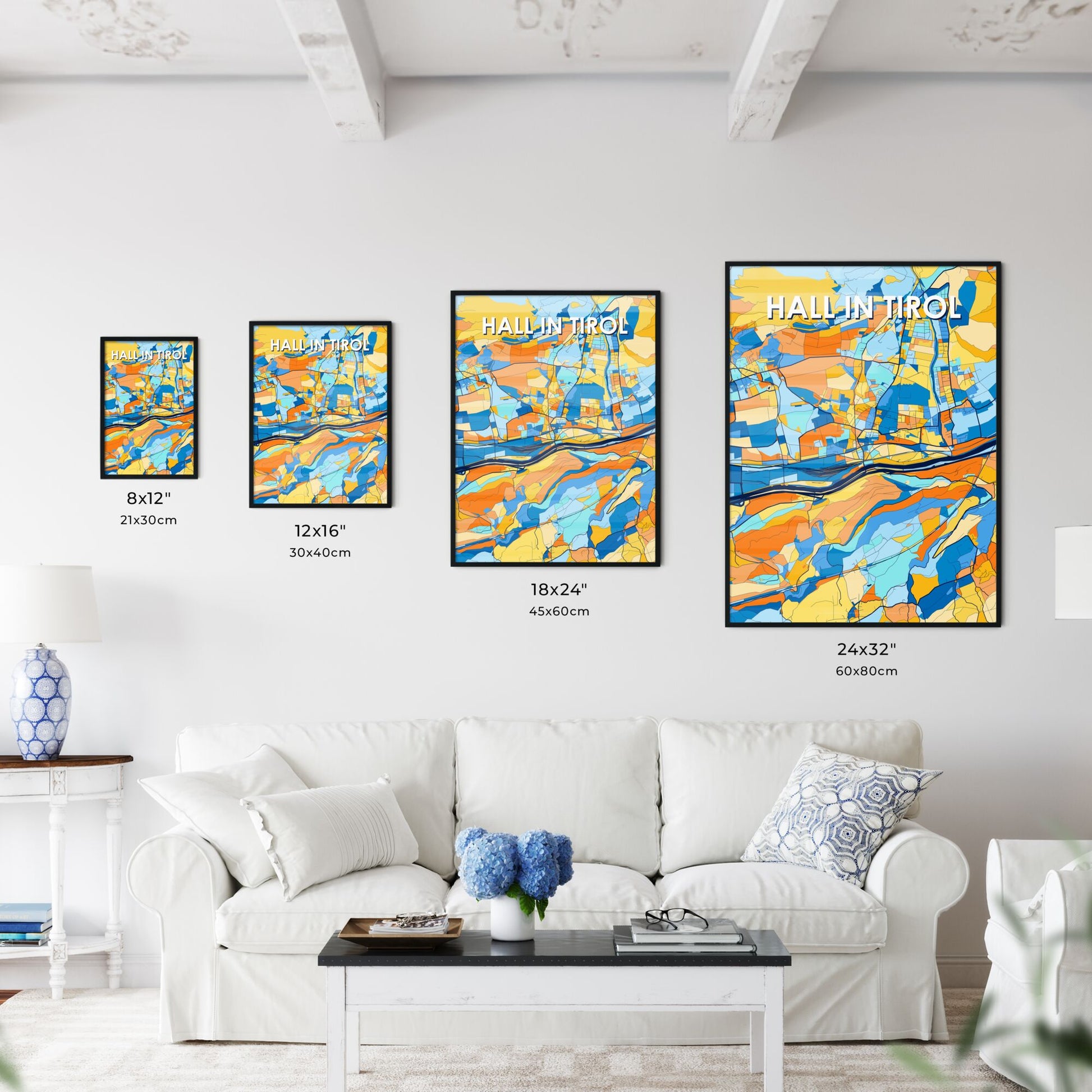 HALL IN TIROL AUSTRIA Vibrant Colorful Art Map Poster Blue Orange