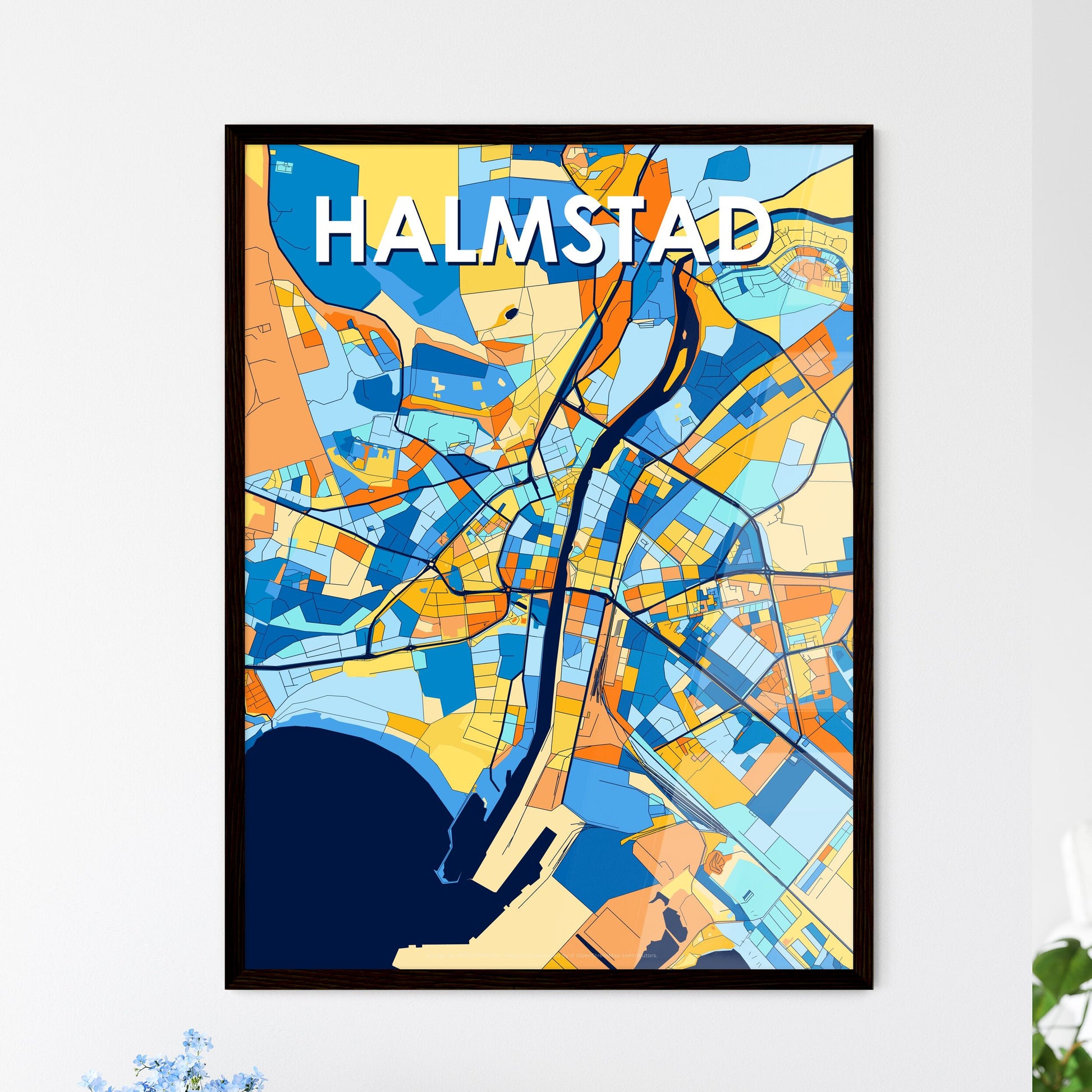 HALMSTAD SWEDEN Vibrant Colorful Art Map Poster Blue Orange