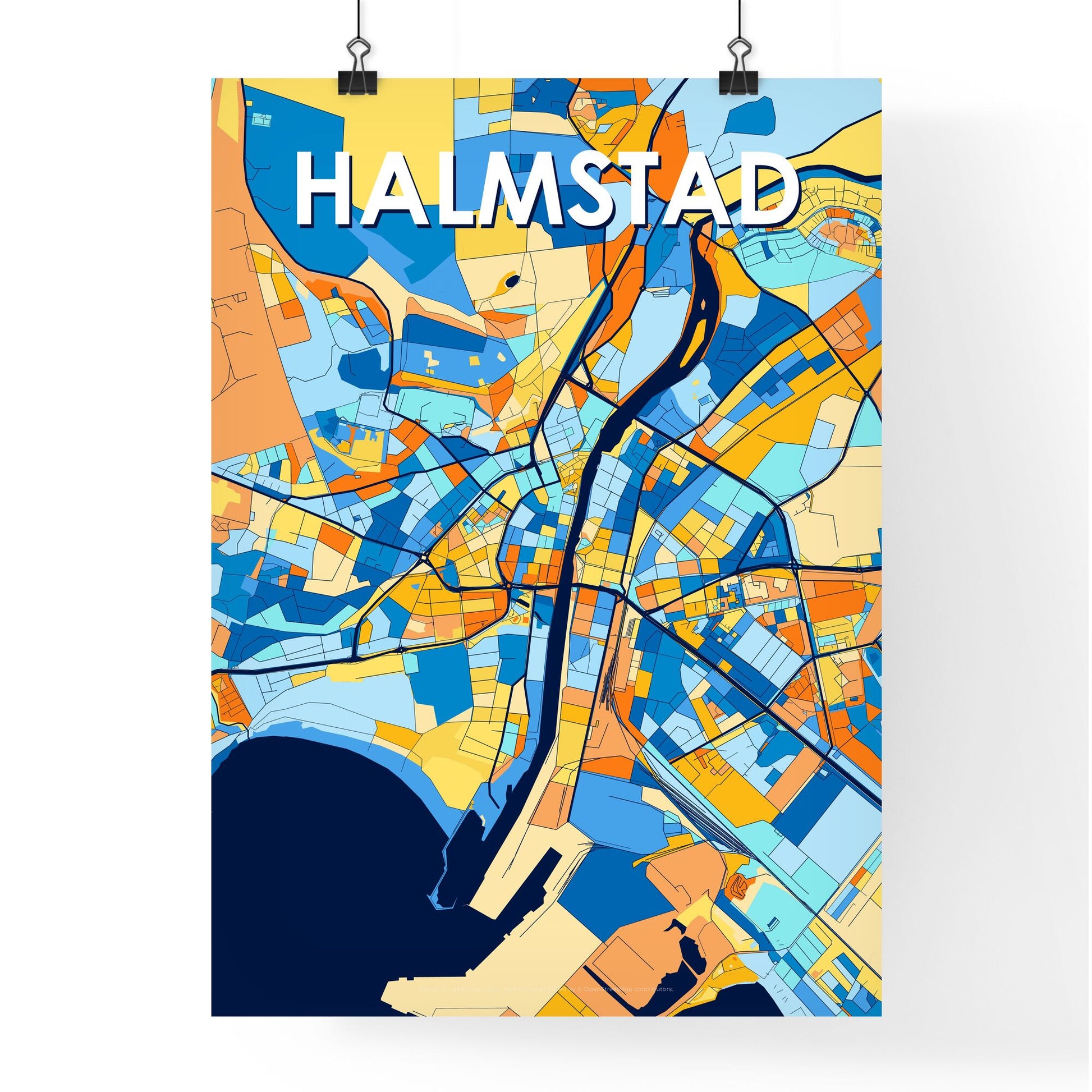 HALMSTAD SWEDEN Vibrant Colorful Art Map Poster Blue Orange