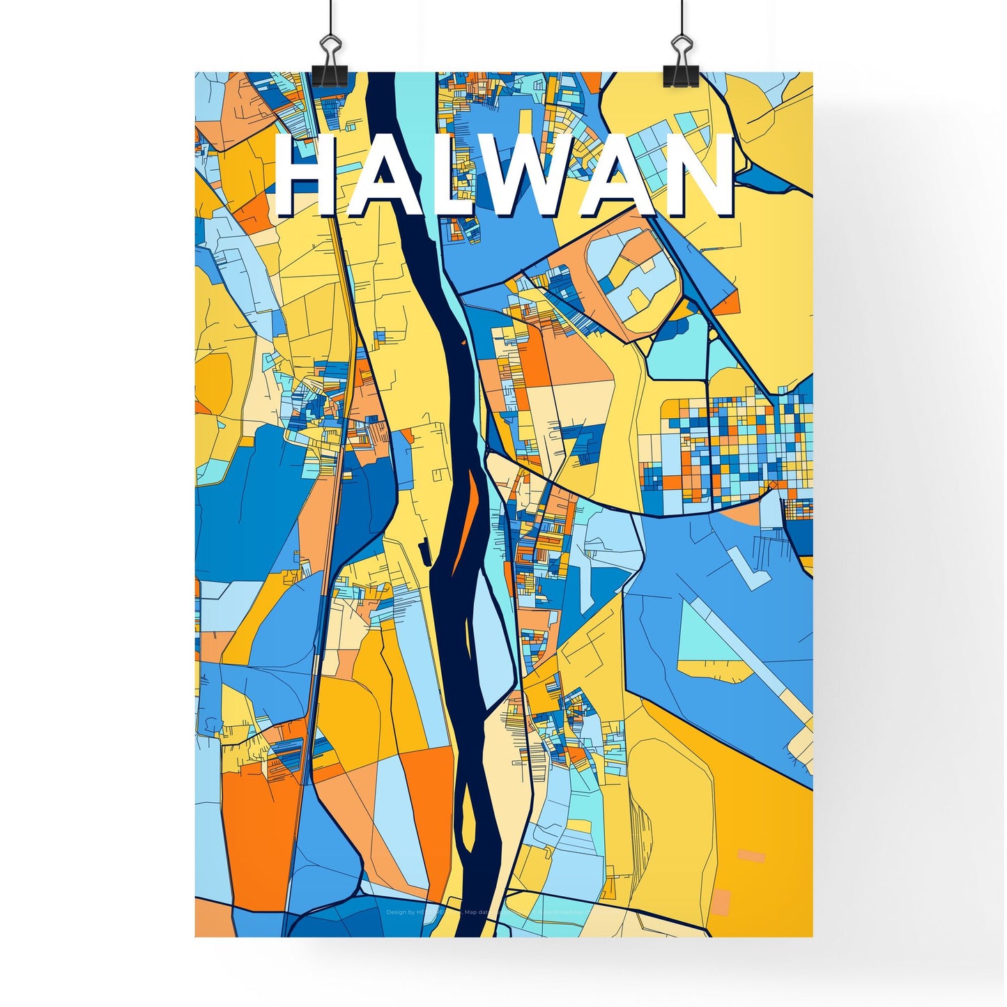 HALWAN EGYPT Vibrant Colorful Art Map Poster Blue Orange