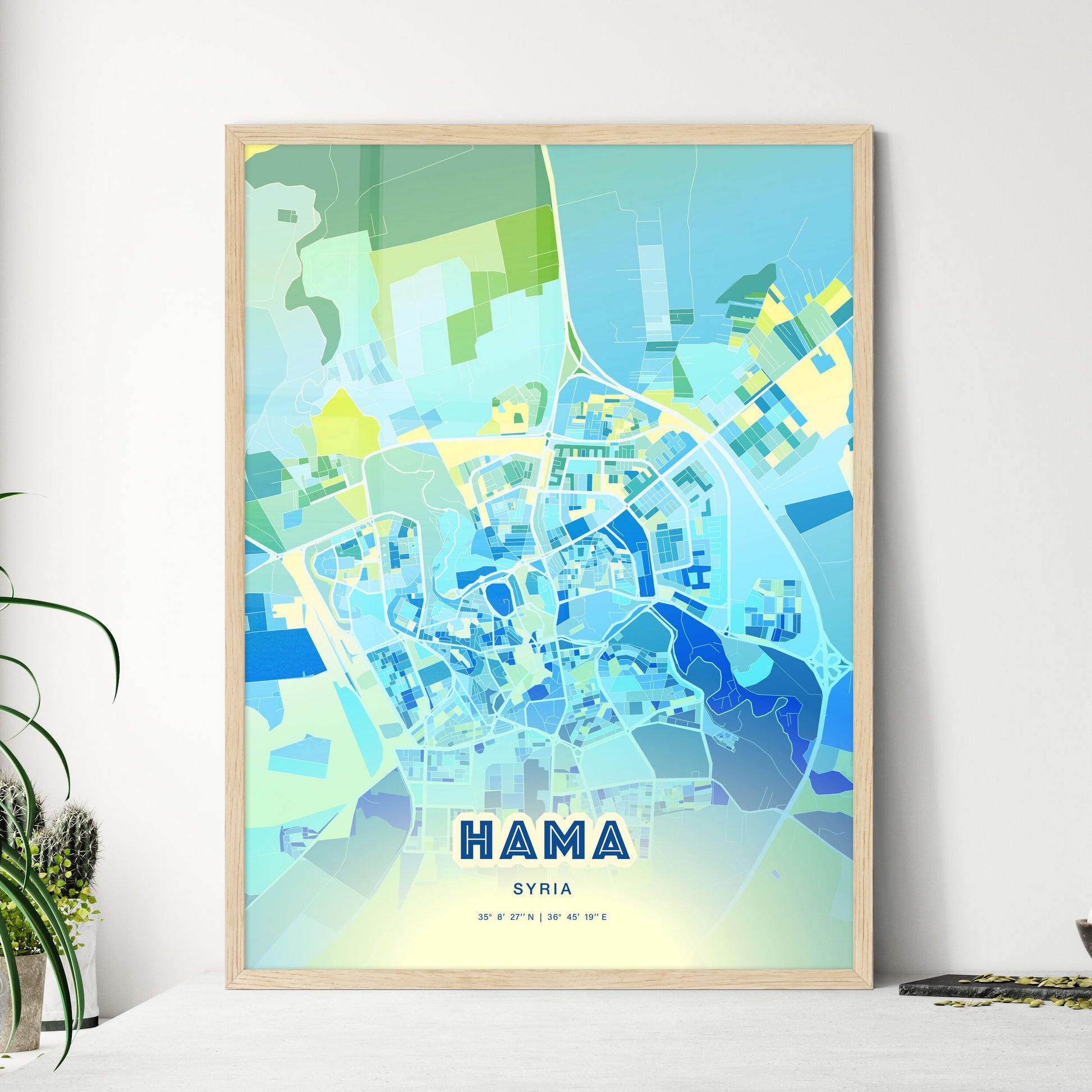 Colorful Hama Syria Fine Art Map Cool Blue