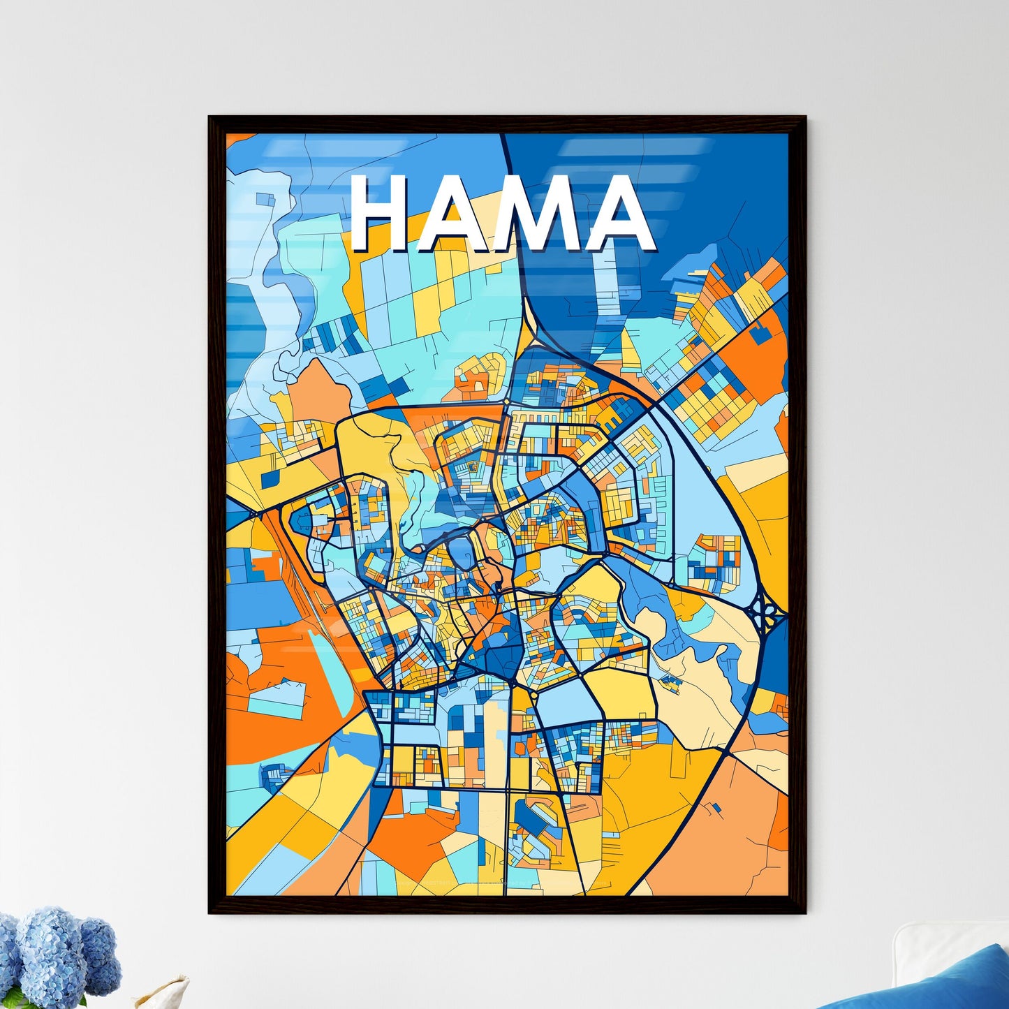 HAMA SYRIA Vibrant Colorful Art Map Poster Blue Orange