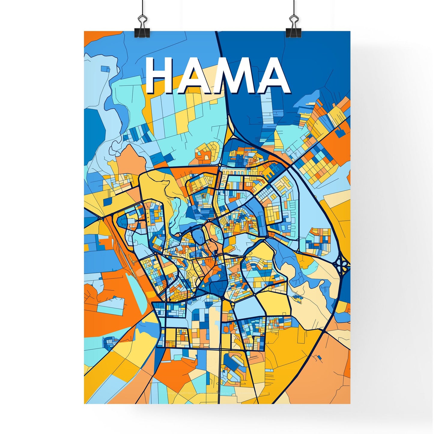 HAMA SYRIA Vibrant Colorful Art Map Poster Blue Orange