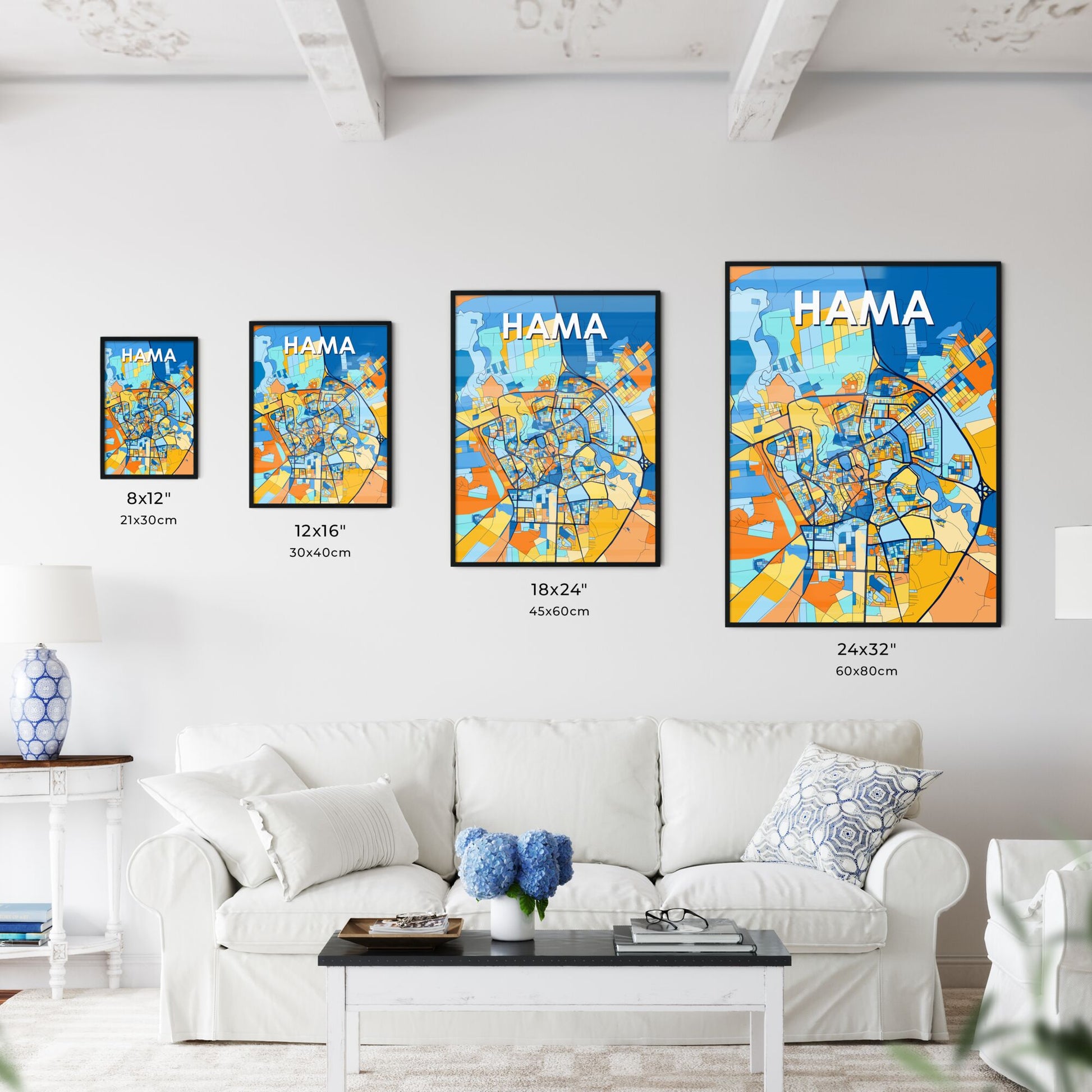 HAMA SYRIA Vibrant Colorful Art Map Poster Blue Orange