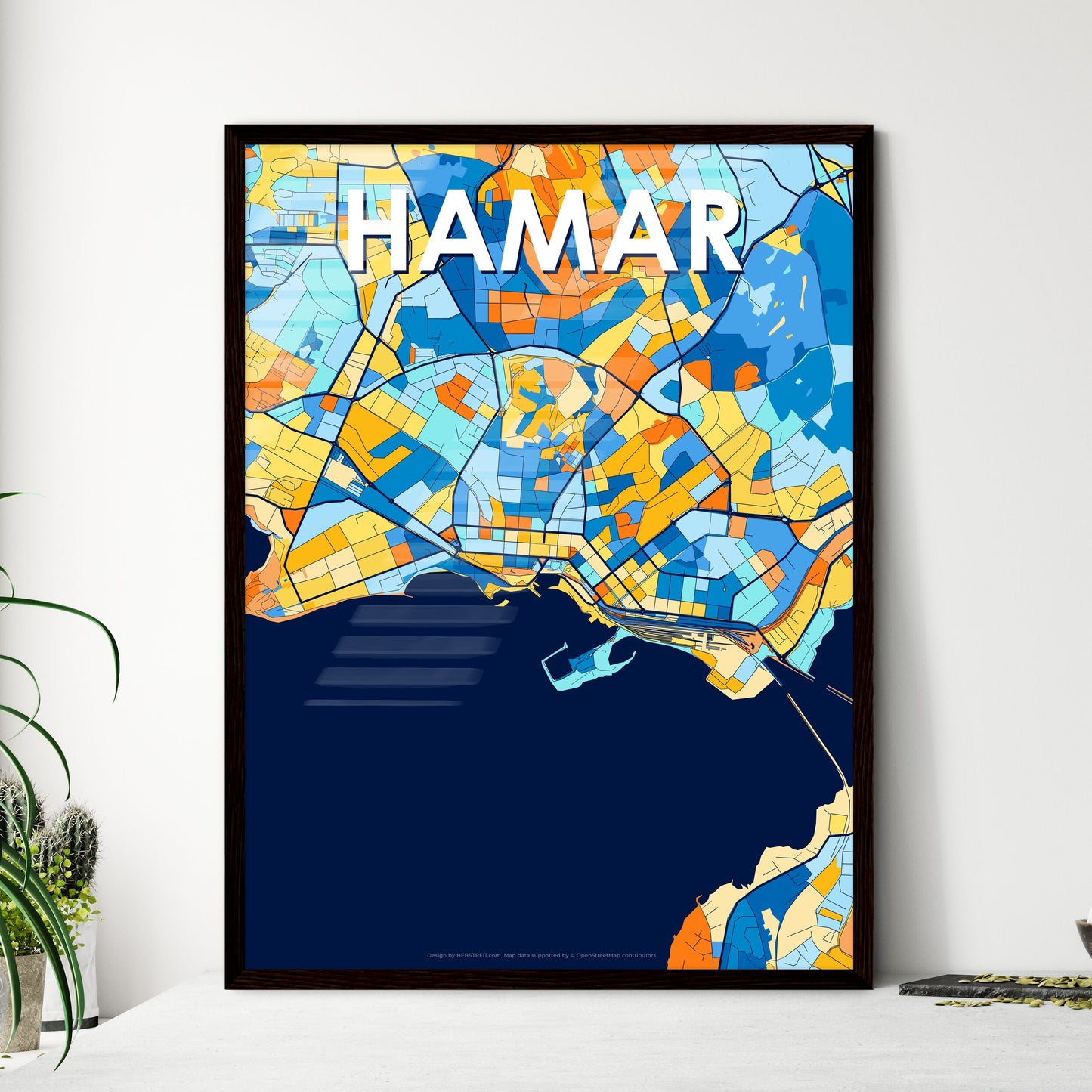 HAMAR NORWAY Vibrant Colorful Art Map Poster Blue Orange