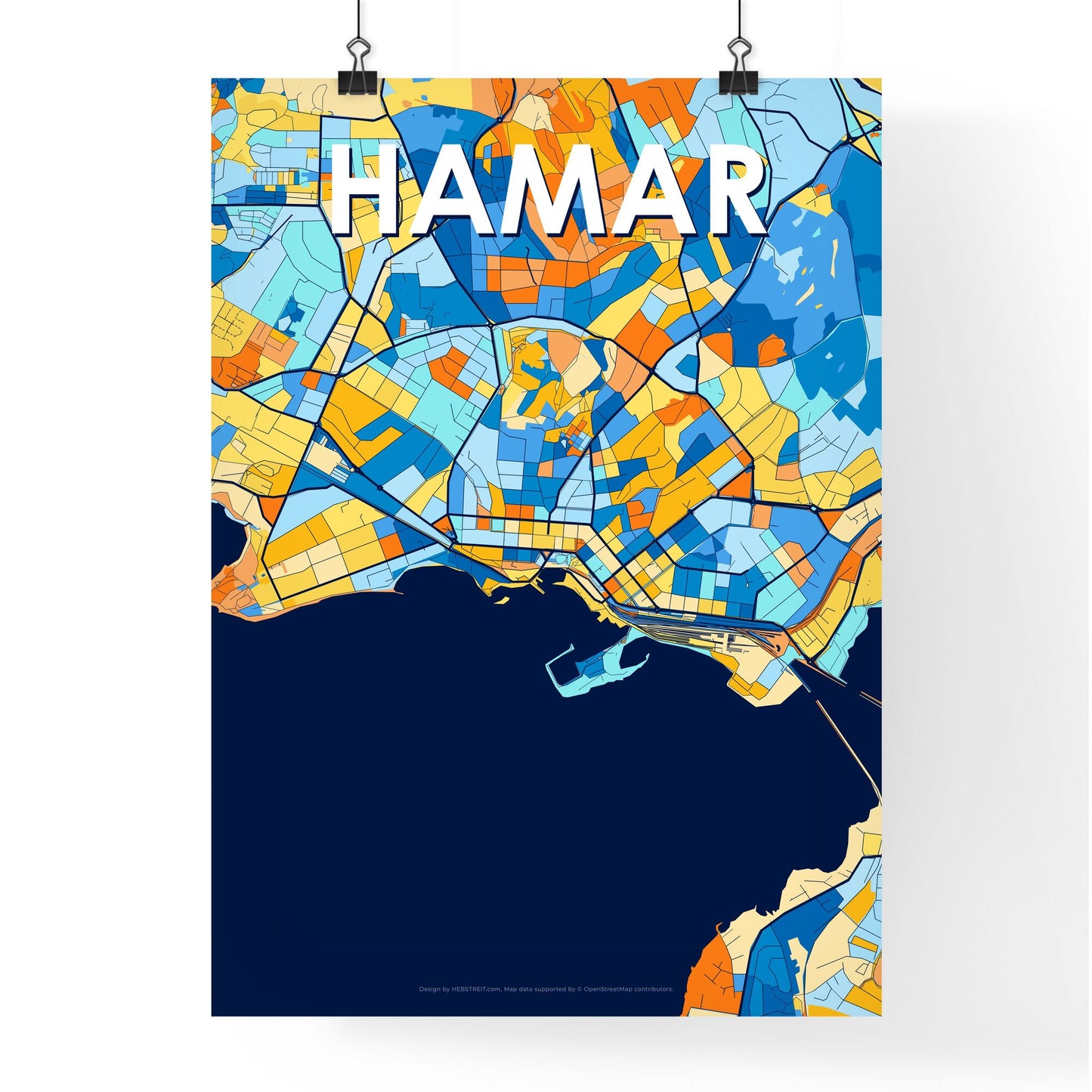 HAMAR NORWAY Vibrant Colorful Art Map Poster Blue Orange