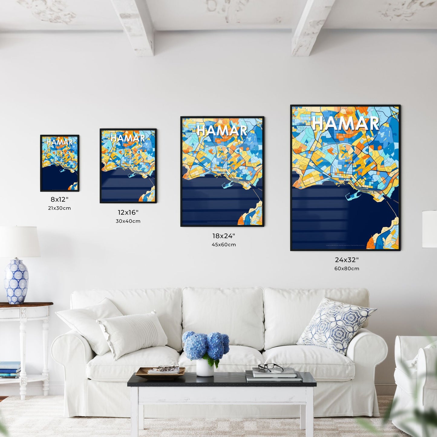 HAMAR NORWAY Vibrant Colorful Art Map Poster Blue Orange