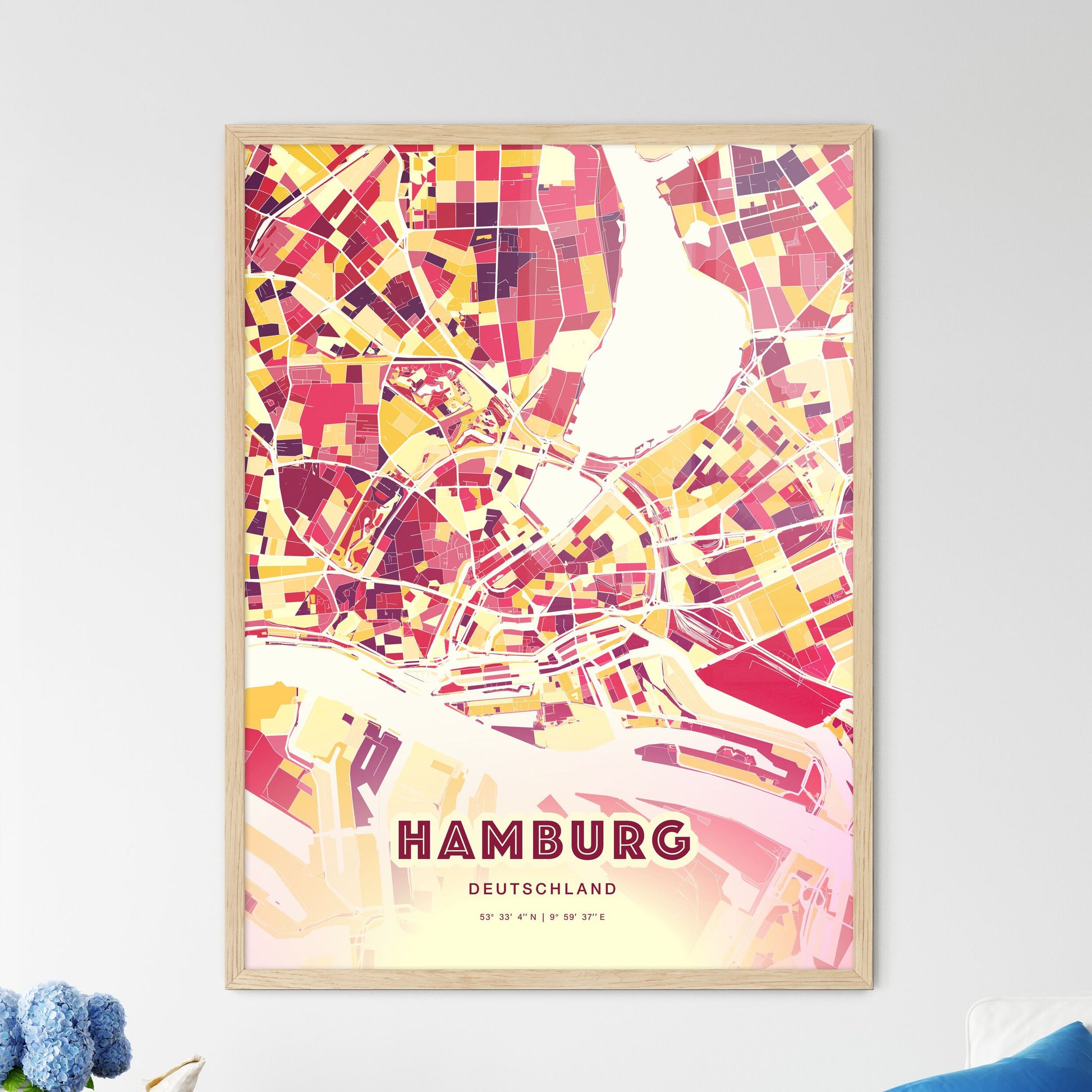 Colorful Hamburg Germany Fine Art Map Hot Red