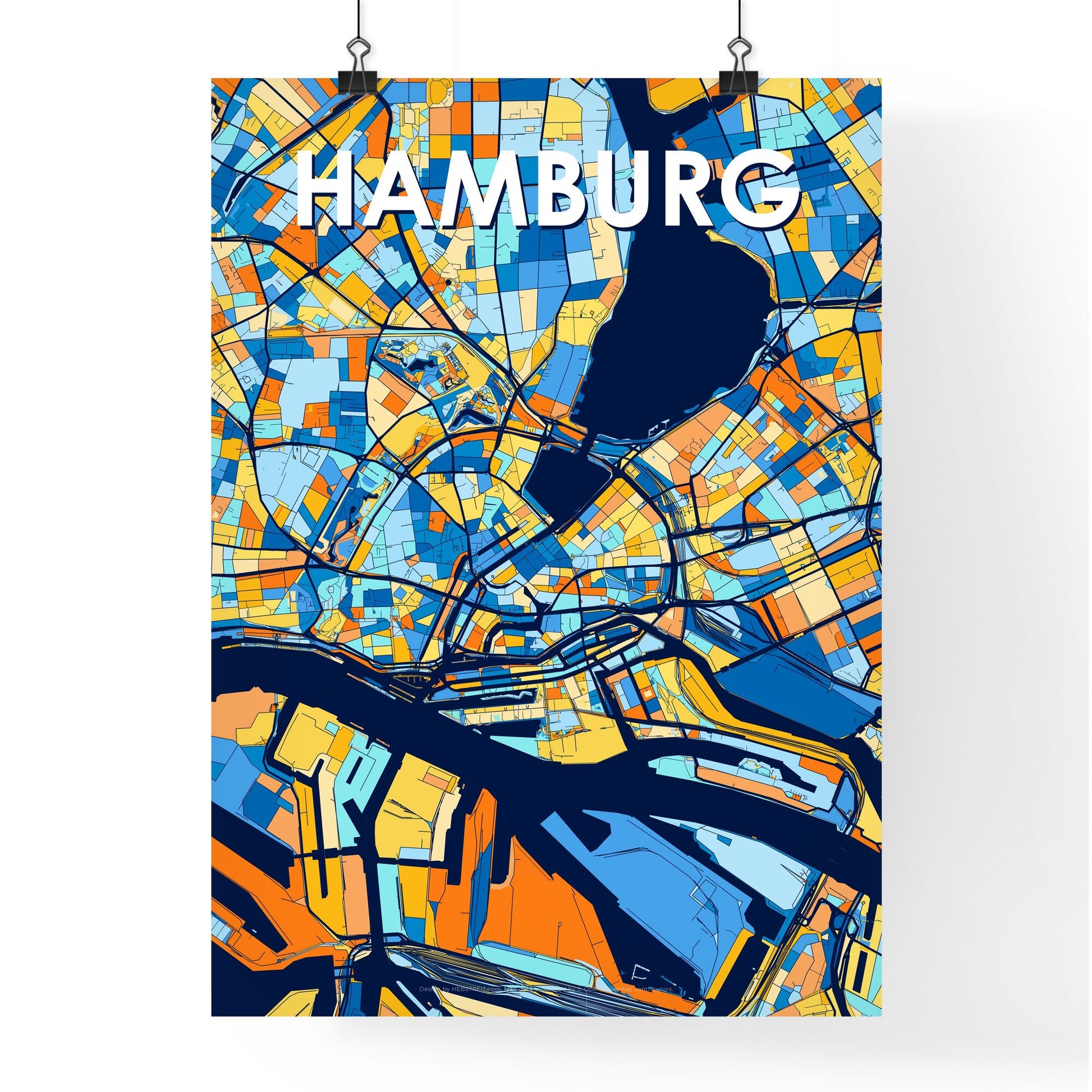 HAMBURG GERMANY Vibrant Colorful Art Map Poster Blue Orange