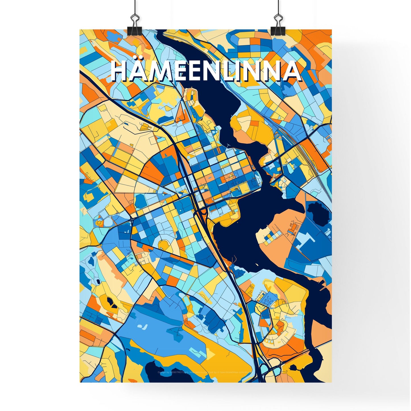 HÄMEENLINNA FINLAND Vibrant Colorful Art Map Poster Blue Orange