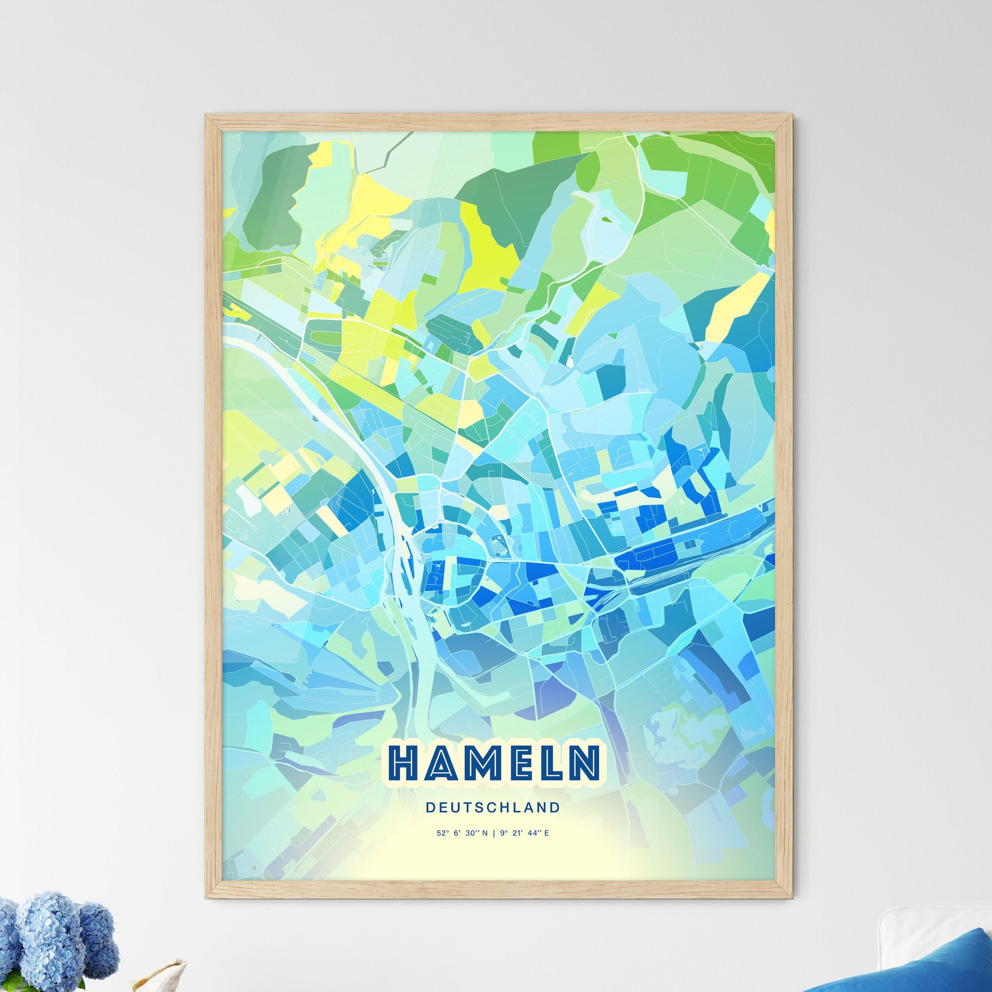 Colorful Hameln Germany Fine Art Map Cool Blue