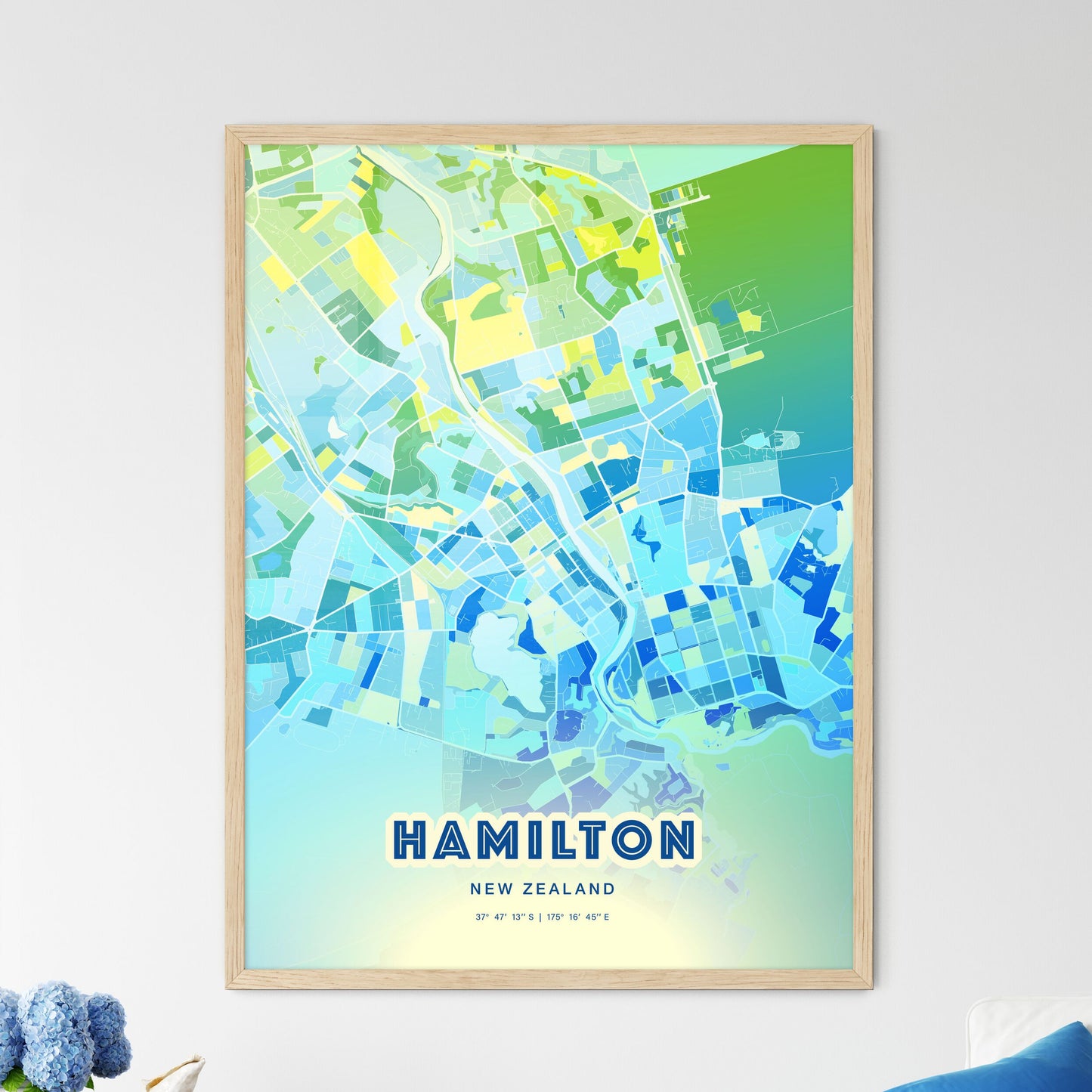 Colorful Hamilton New Zealand Fine Art Map Cool Blue