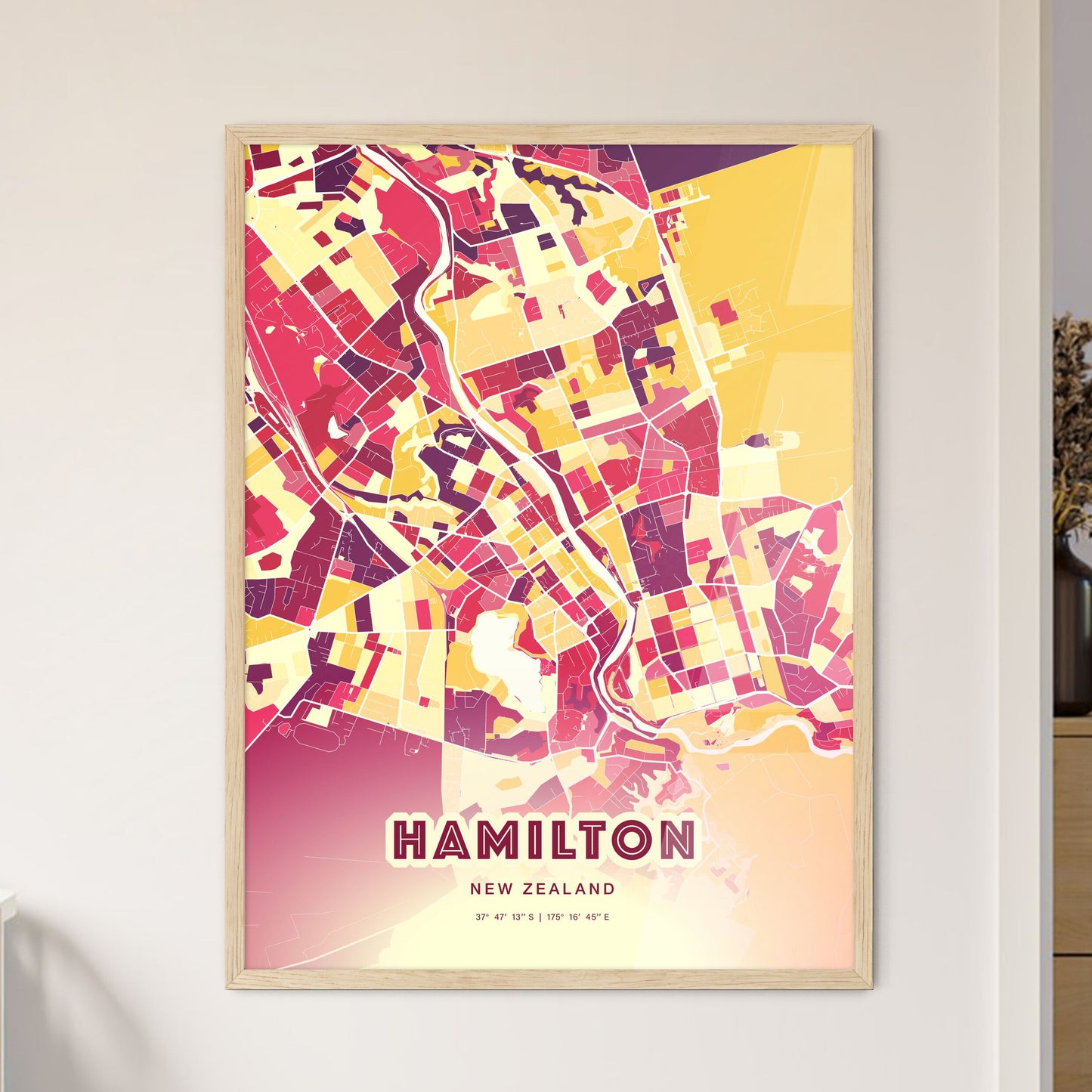 Colorful Hamilton New Zealand Fine Art Map Hot Red