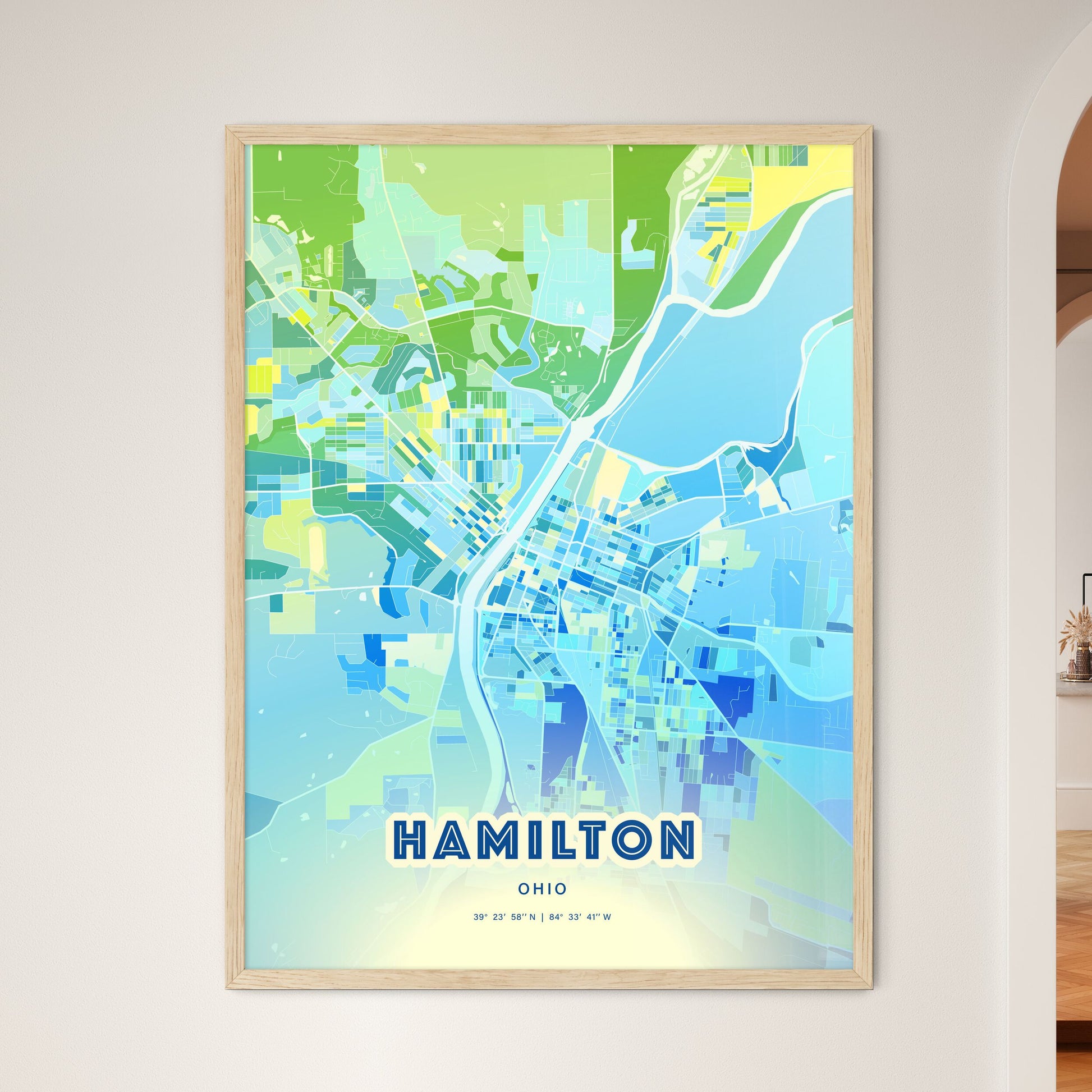 Colorful Hamilton Ohio Fine Art Map Cool Blue