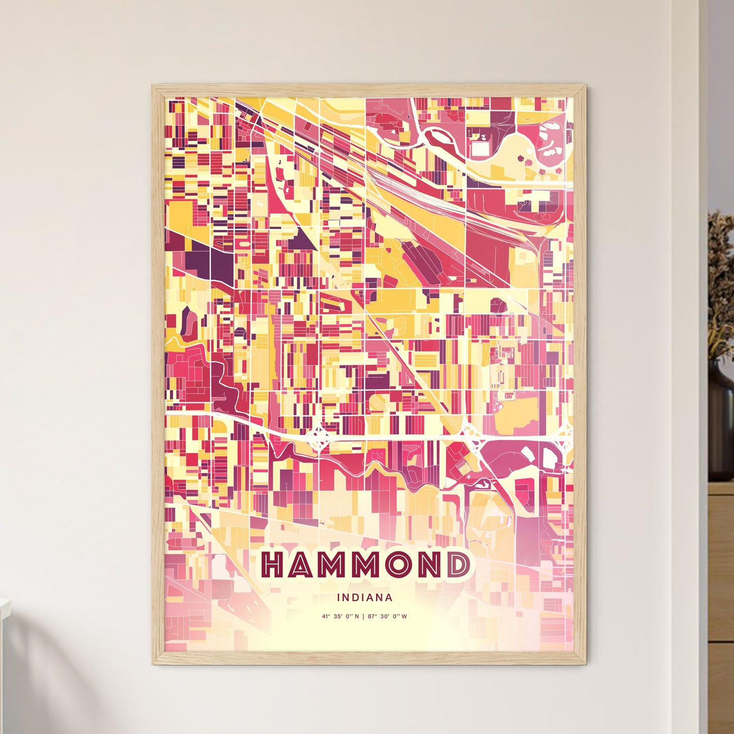 Colorful Hammond Indiana Fine Art Map Hot Red