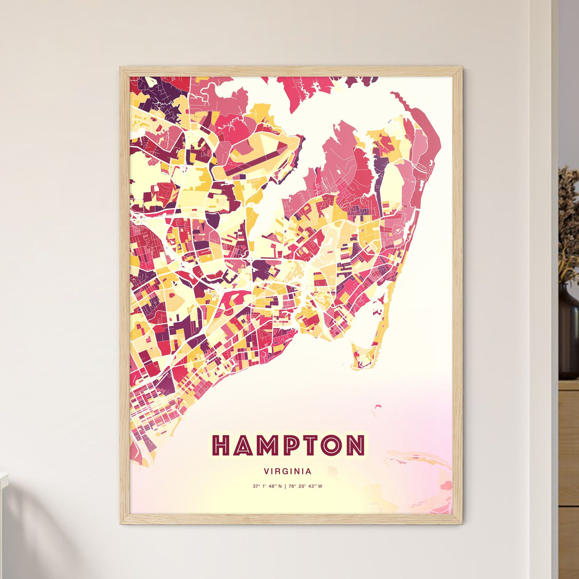 Colorful Hampton Virginia Fine Art Map Hot Red