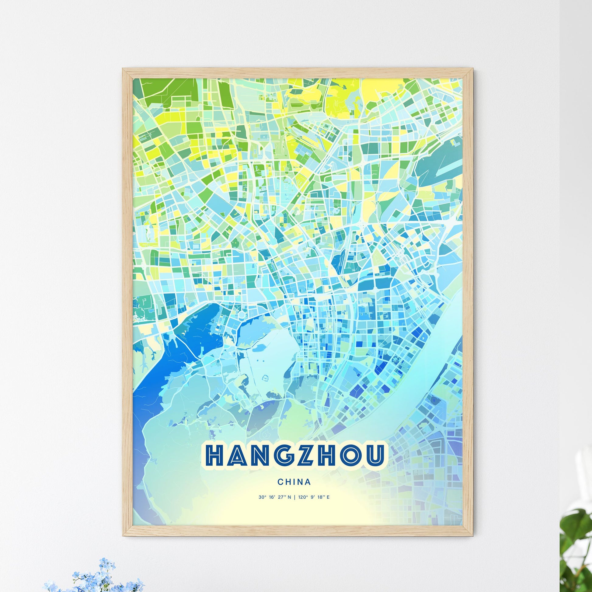Colorful Hangzhou China Fine Art Map Cool Blue