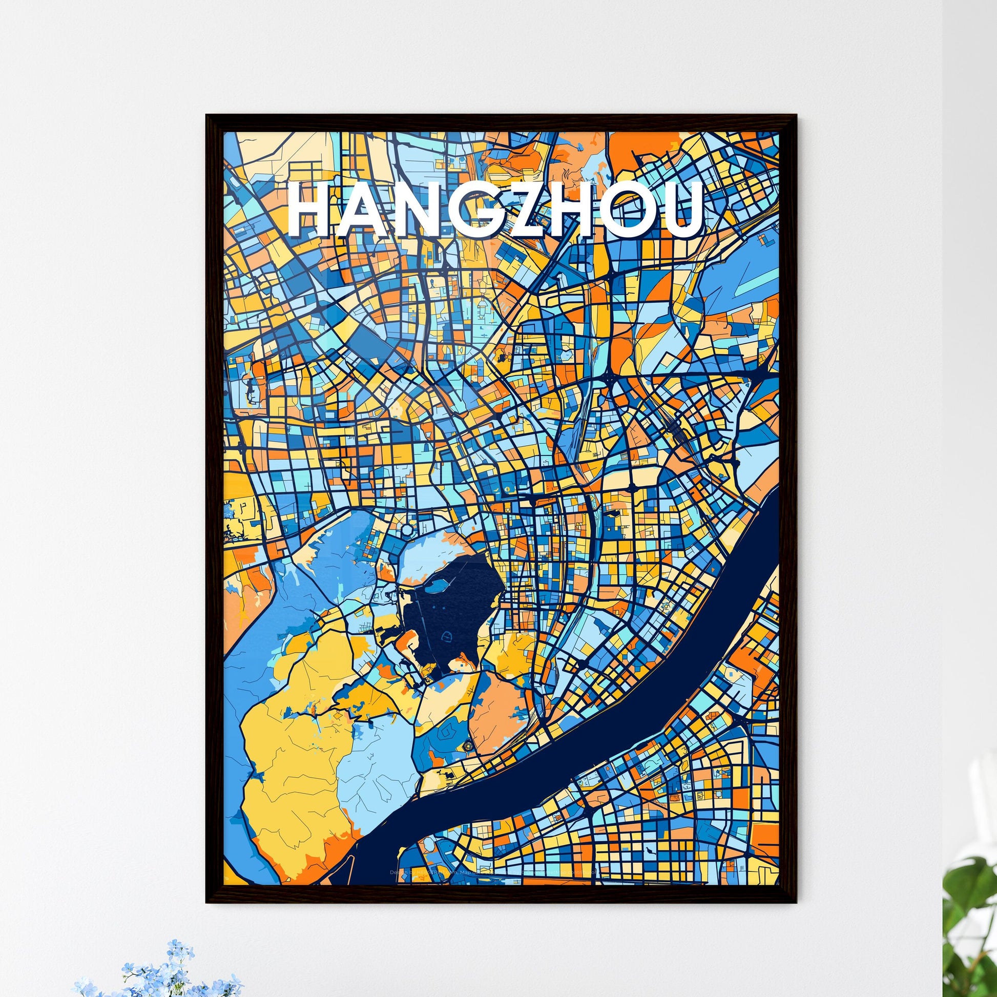 HANGZHOU CHINA Vibrant Colorful Art Map Poster Blue Orange