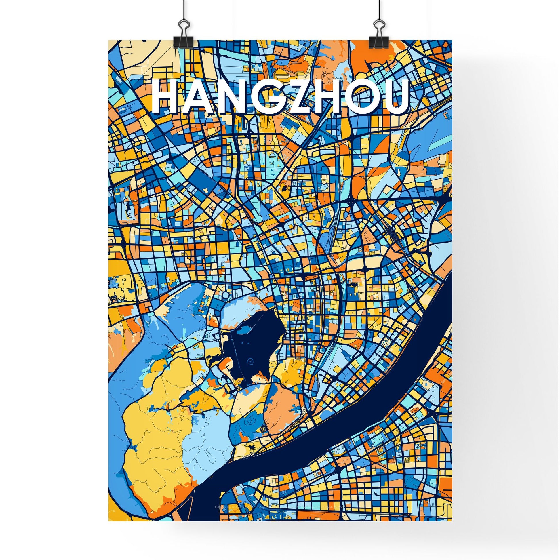 HANGZHOU CHINA Vibrant Colorful Art Map Poster Blue Orange