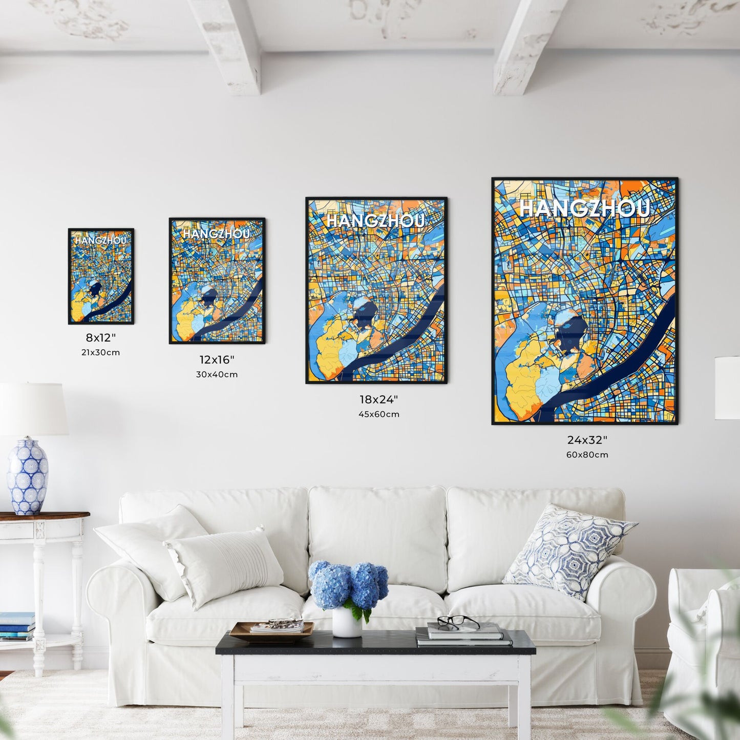 HANGZHOU CHINA Vibrant Colorful Art Map Poster Blue Orange