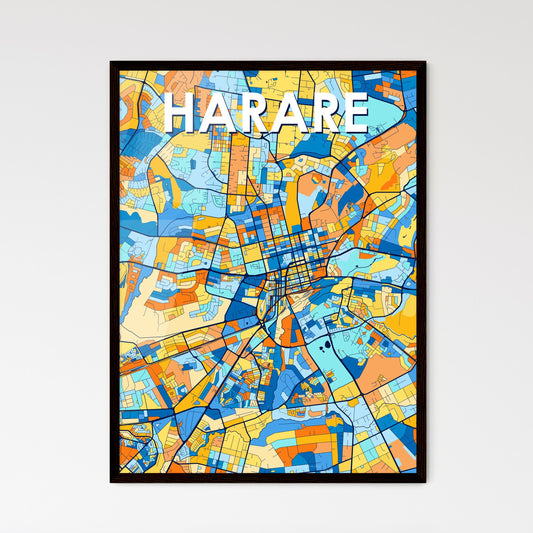 HARARE ZIMBABWE Vibrant Colorful Art Map Poster Blue Orange