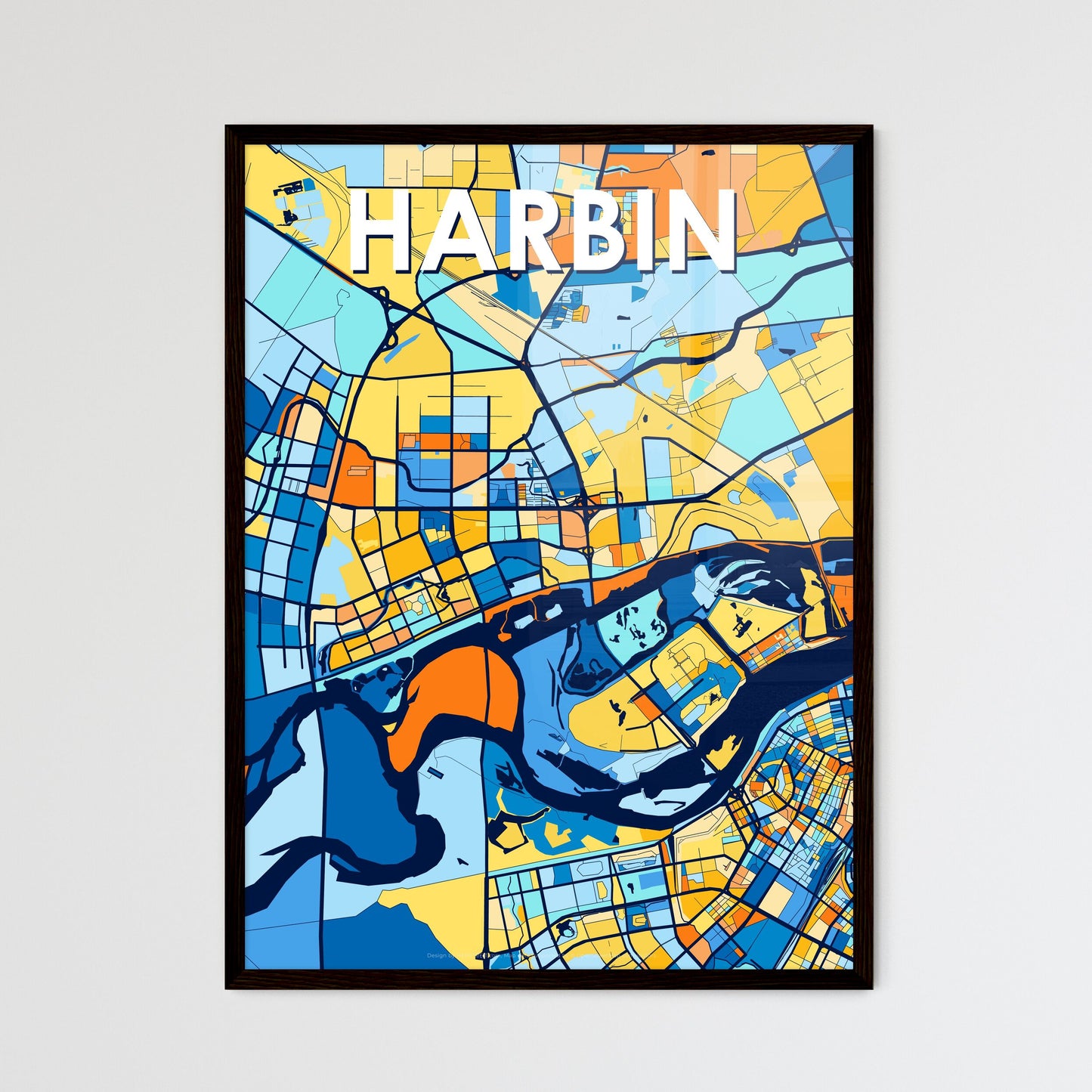 HARBIN CHINA Vibrant Colorful Art Map Poster Blue Orange