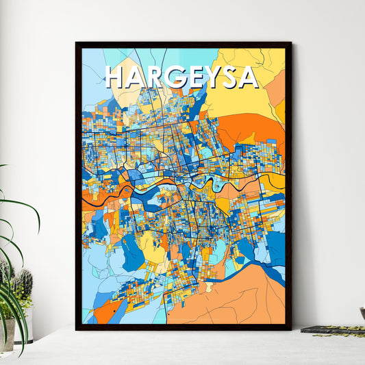 HARGEYSA SOMALIA Vibrant Colorful Art Map Poster Blue Orange