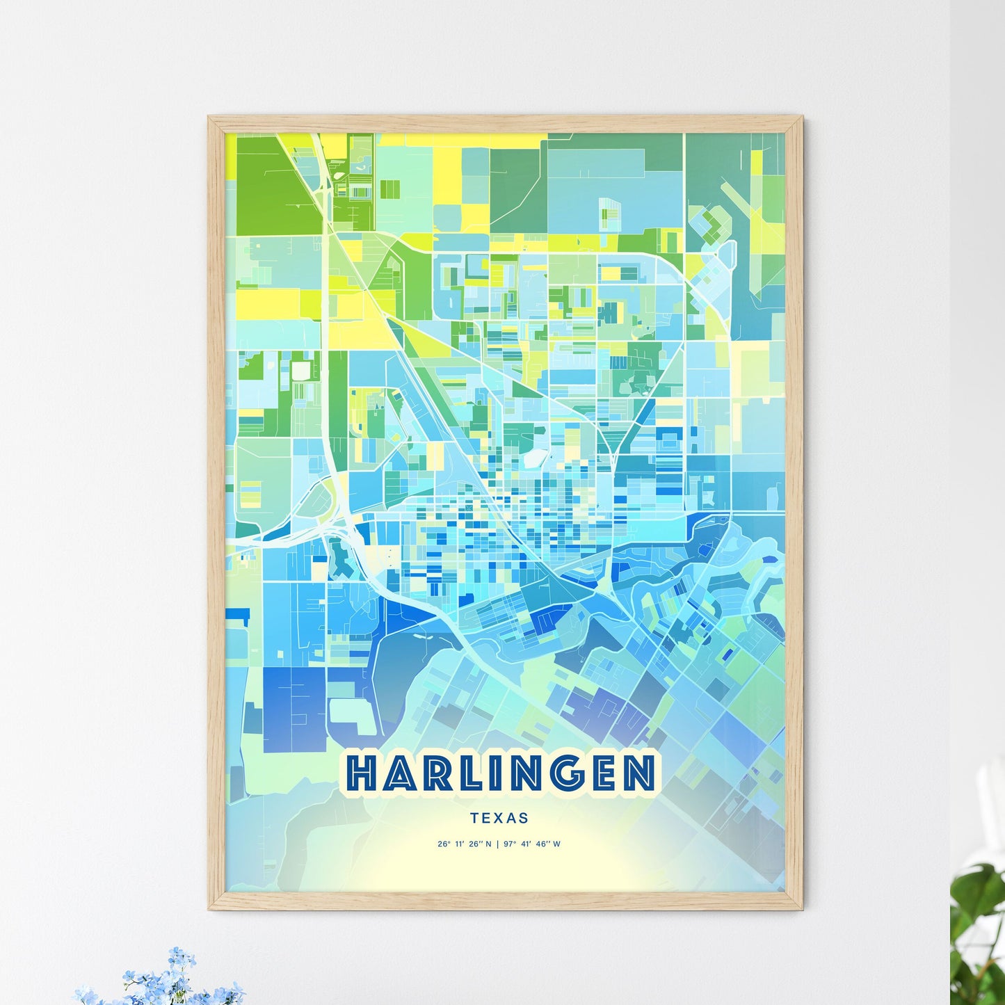 Colorful Harlingen Texas Fine Art Map Cool Blue