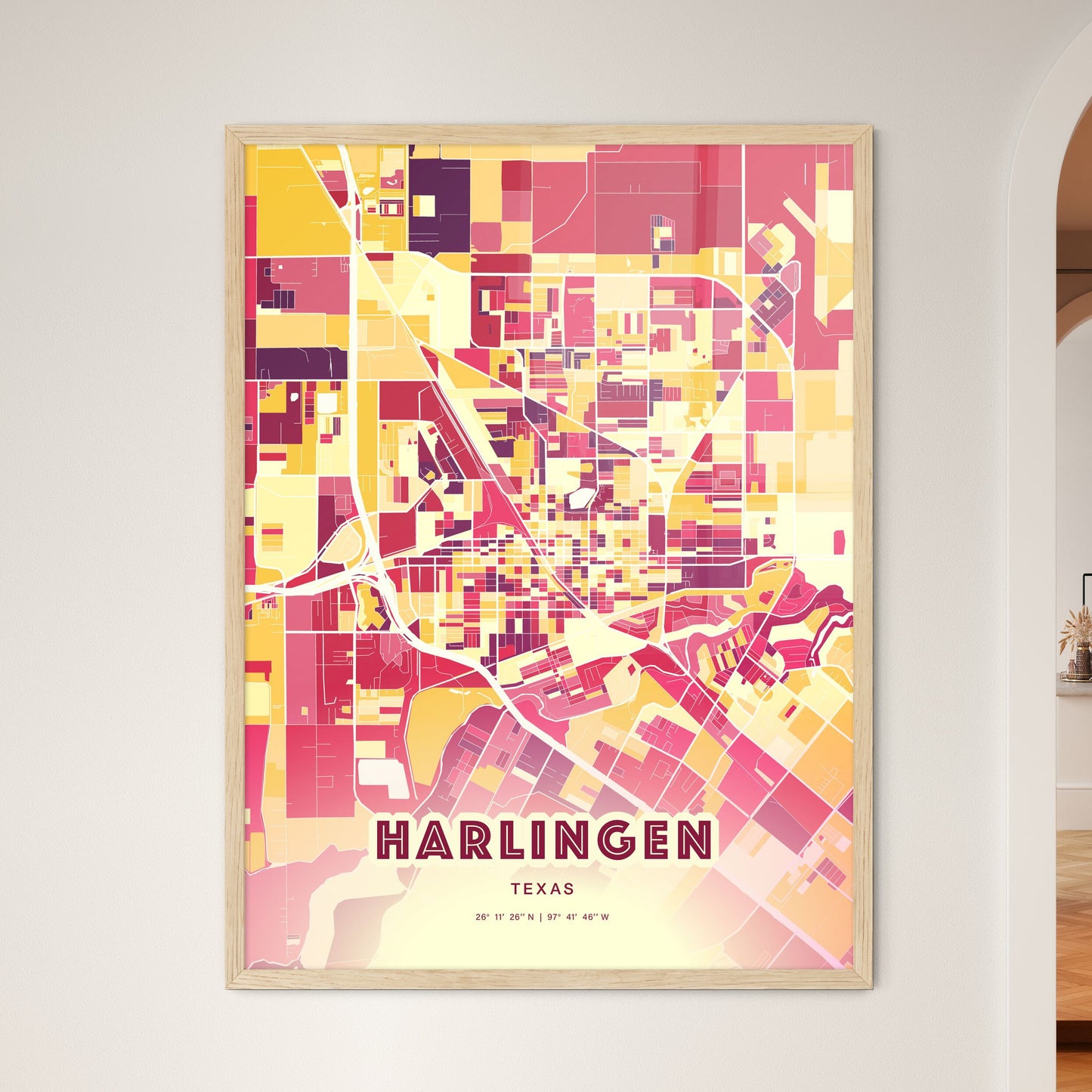 Colorful Harlingen Texas Fine Art Map Hot Red