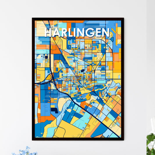 HARLINGEN TEXAS Vibrant Colorful Art Map Poster Blue Orange