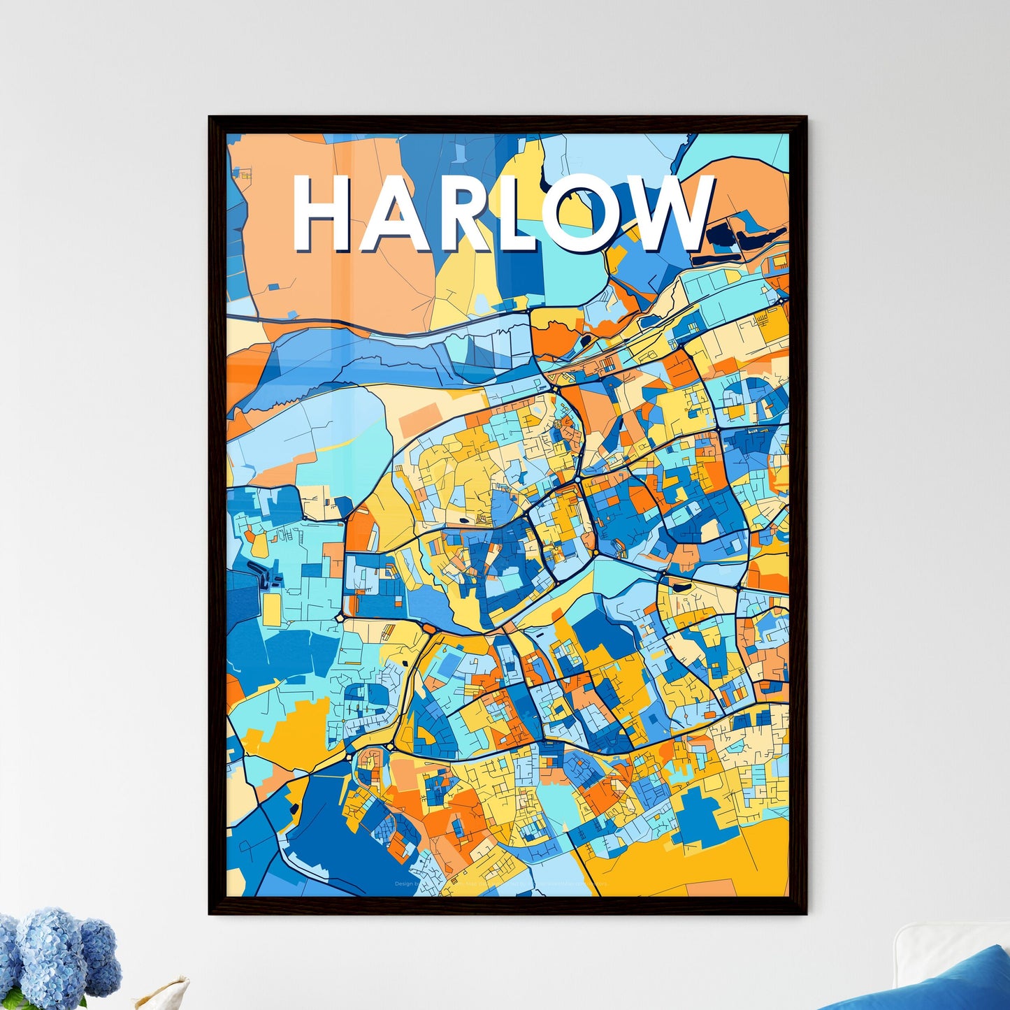 HARLOW ENGLAND Vibrant Colorful Art Map Poster Blue Orange