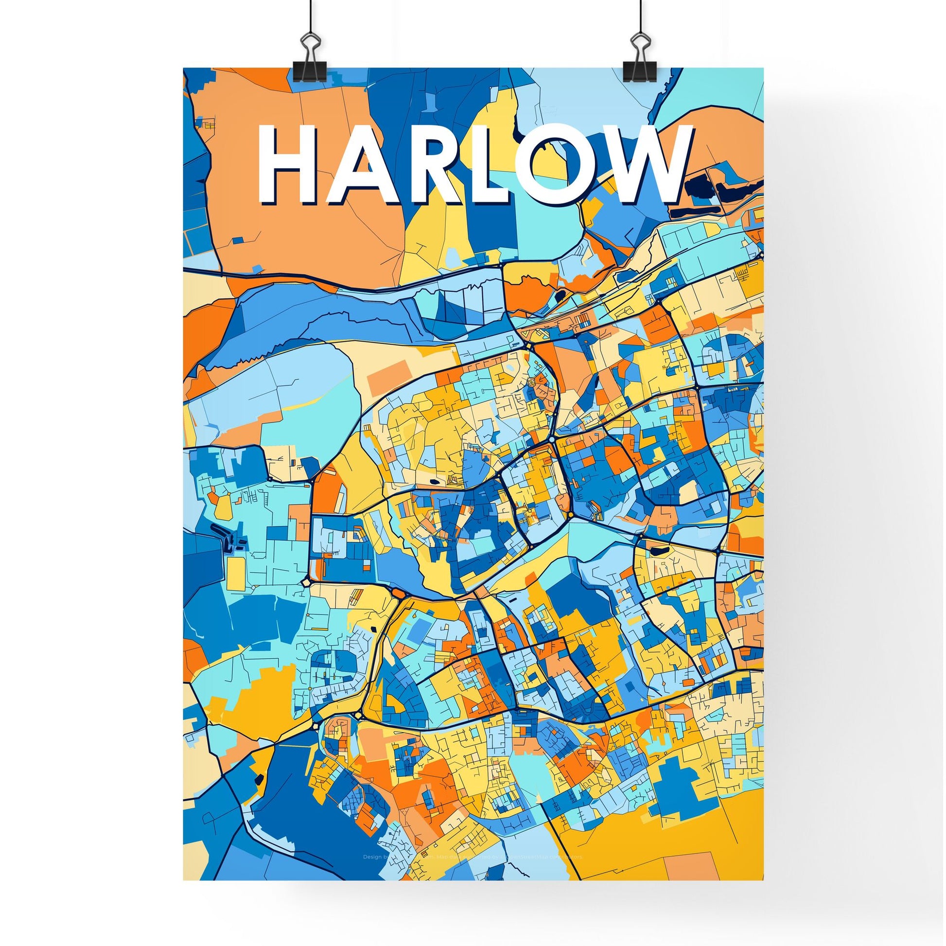 HARLOW ENGLAND Vibrant Colorful Art Map Poster Blue Orange