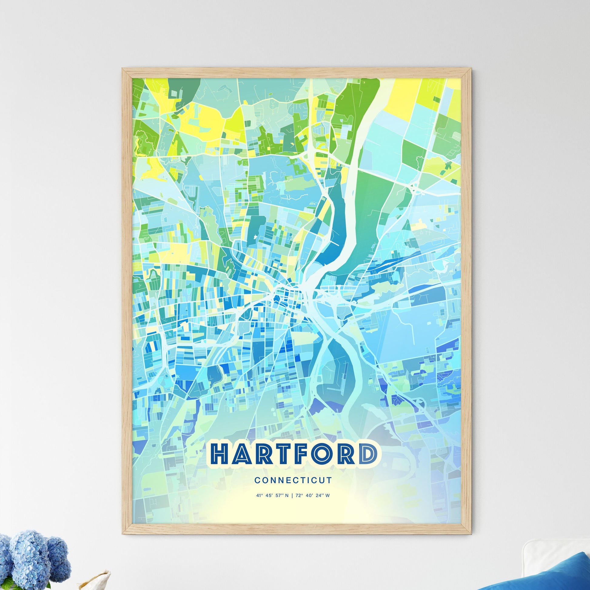 Colorful Hartford Connecticut Fine Art Map Cool Blue
