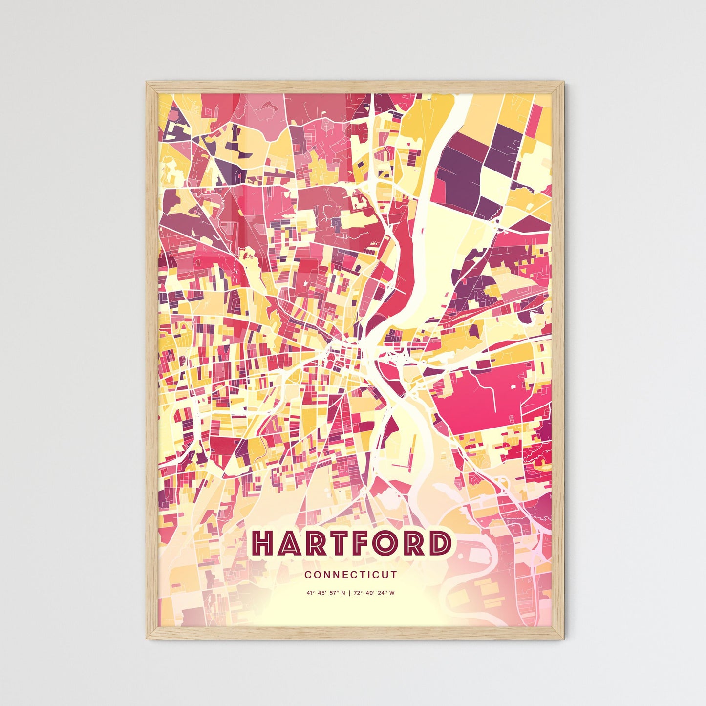 Colorful Hartford Connecticut Fine Art Map Hot Red