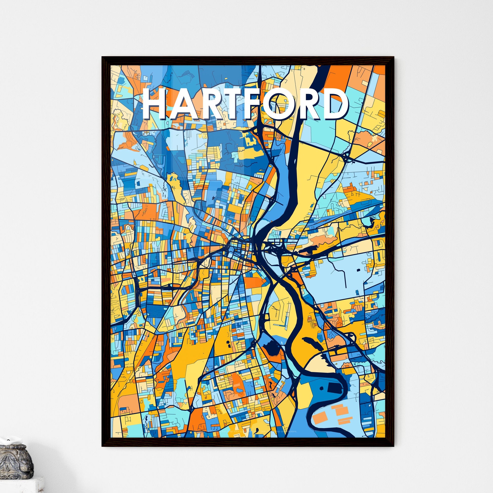 HARTFORD CONNECTICUT Vibrant Colorful Art Map Poster Blue Orange