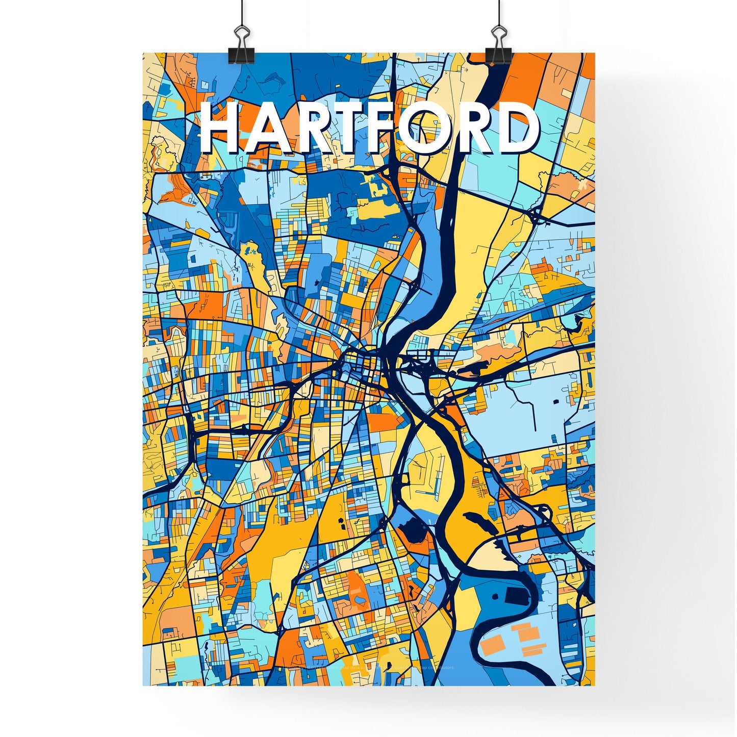 HARTFORD CONNECTICUT Vibrant Colorful Art Map Poster Blue Orange