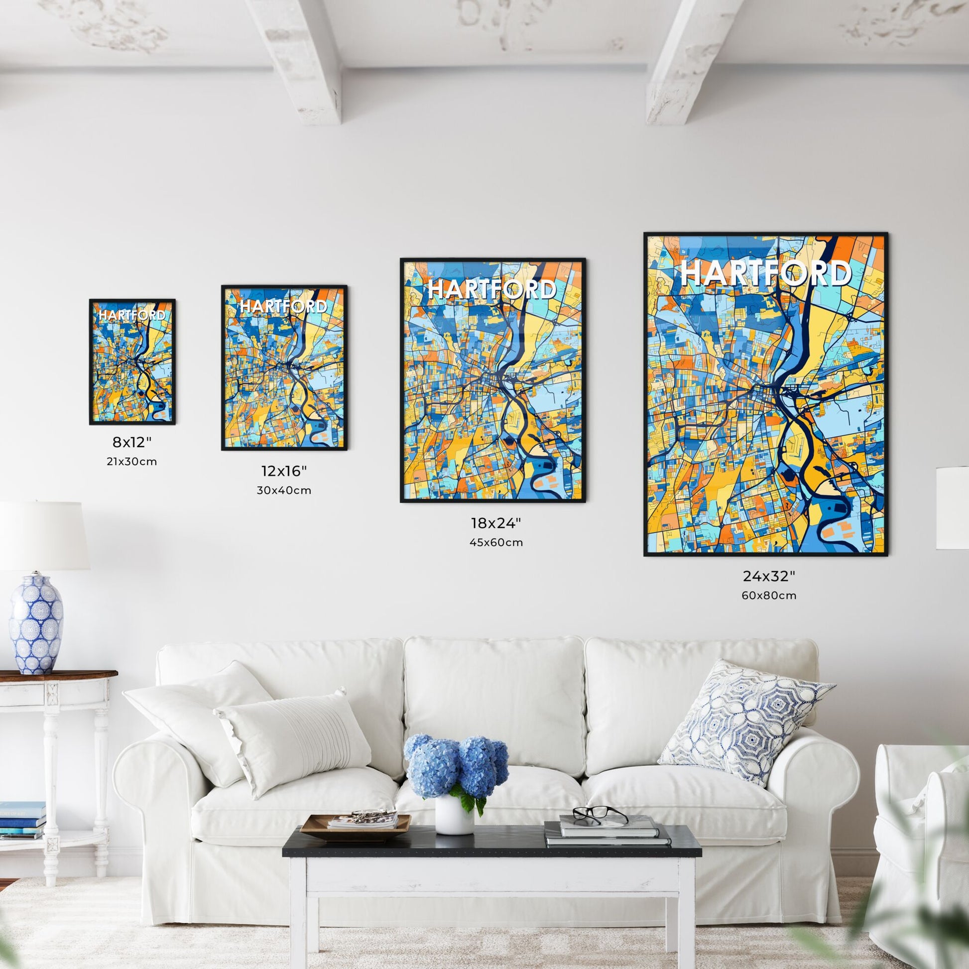 HARTFORD CONNECTICUT Vibrant Colorful Art Map Poster Blue Orange