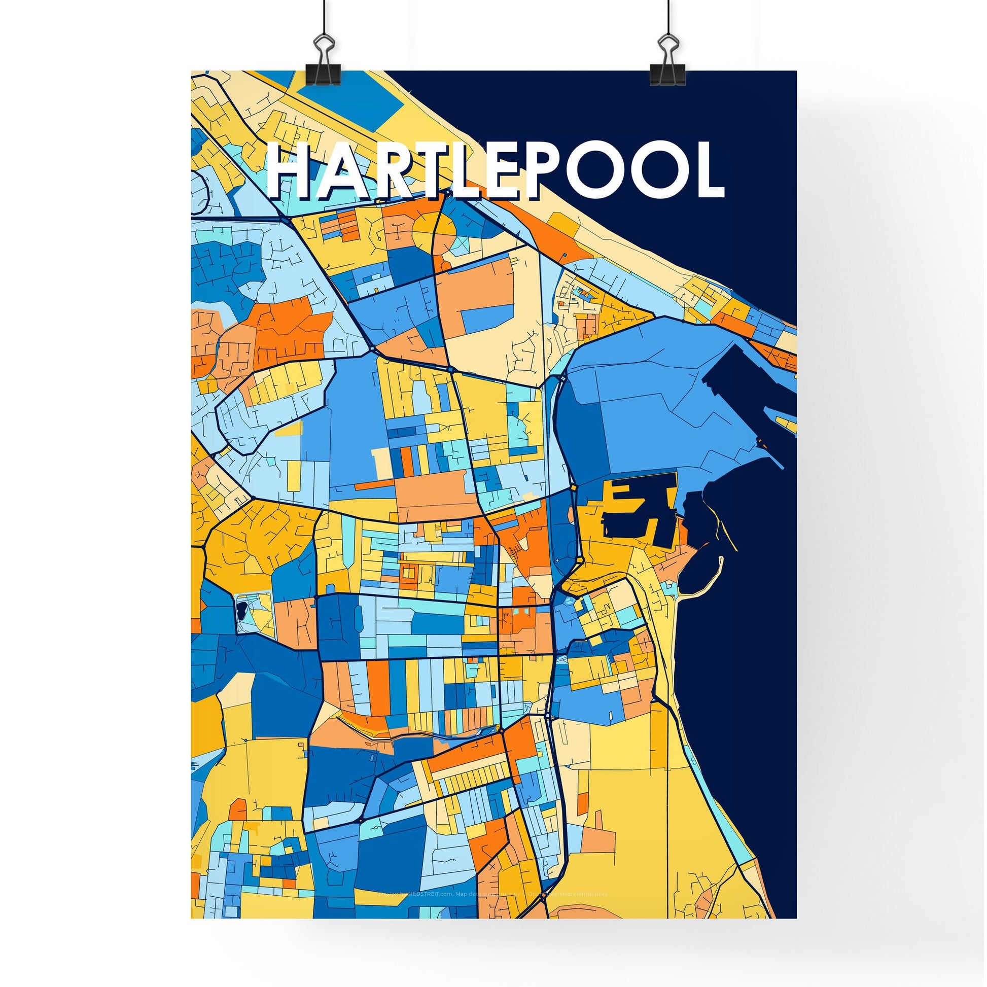 HARTLEPOOL ENGLAND Vibrant Colorful Art Map Poster Blue Orange