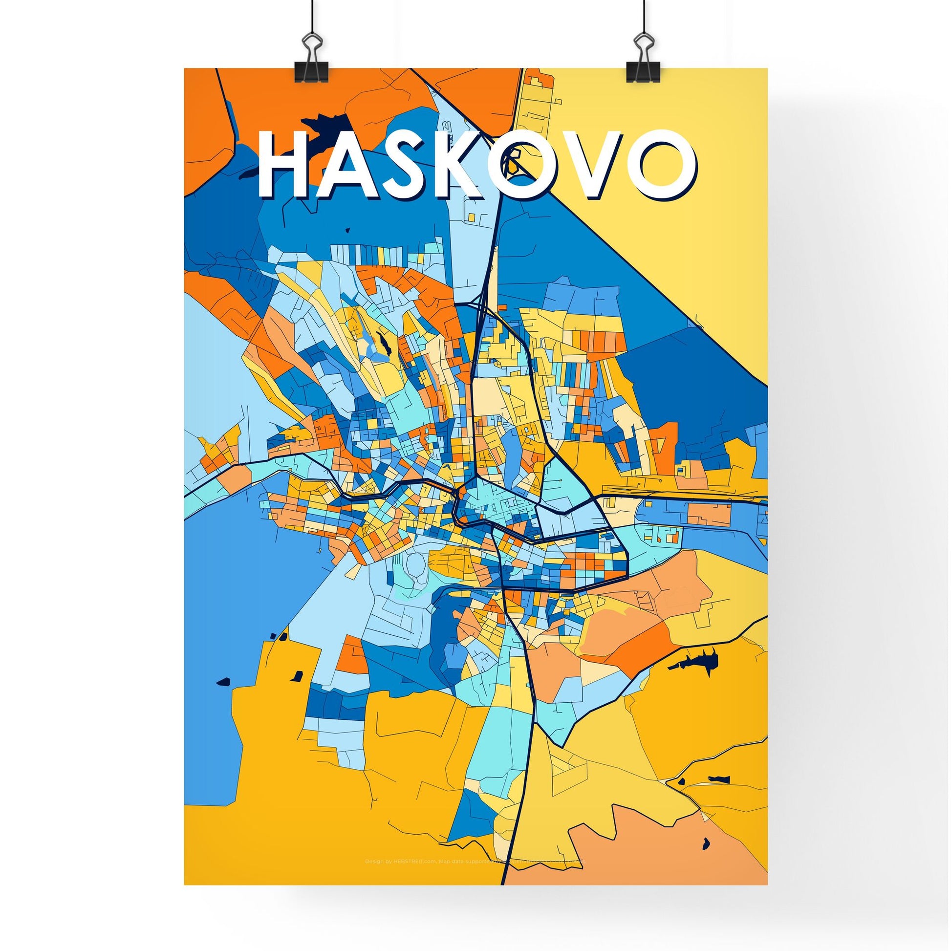HASKOVO BULGARIA Vibrant Colorful Art Map Poster Blue Orange