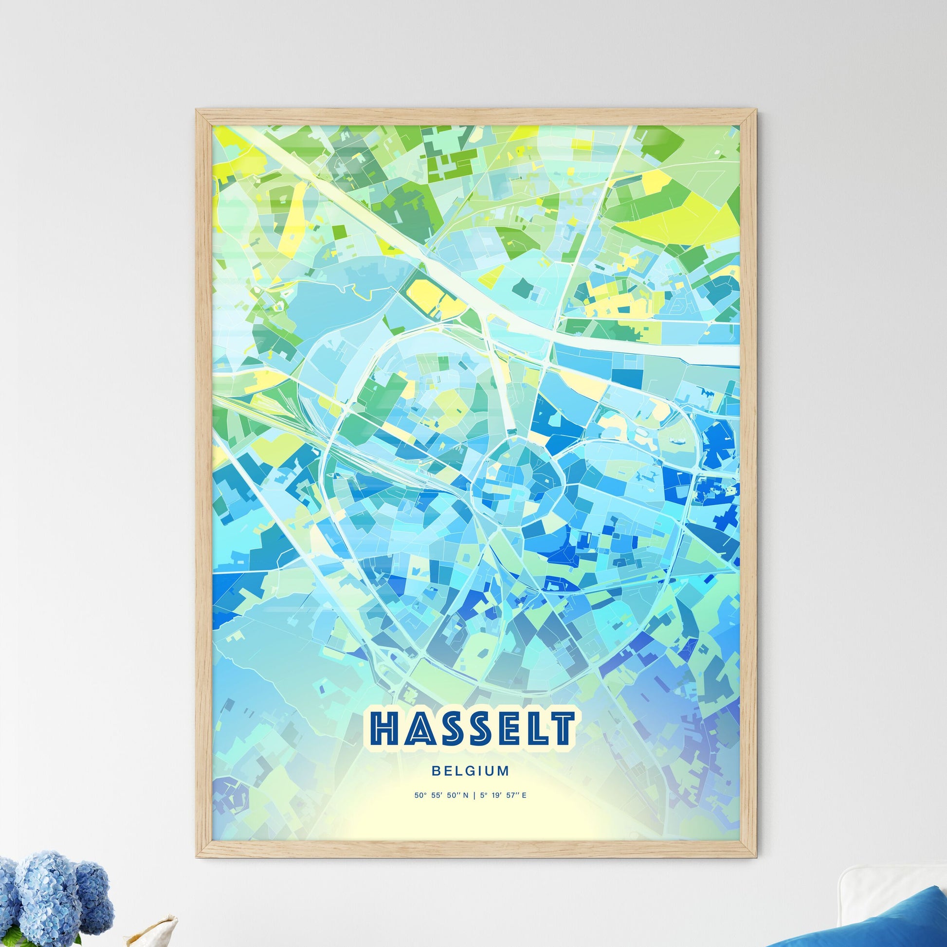 Colorful Hasselt Belgium Fine Art Map Cool Blue